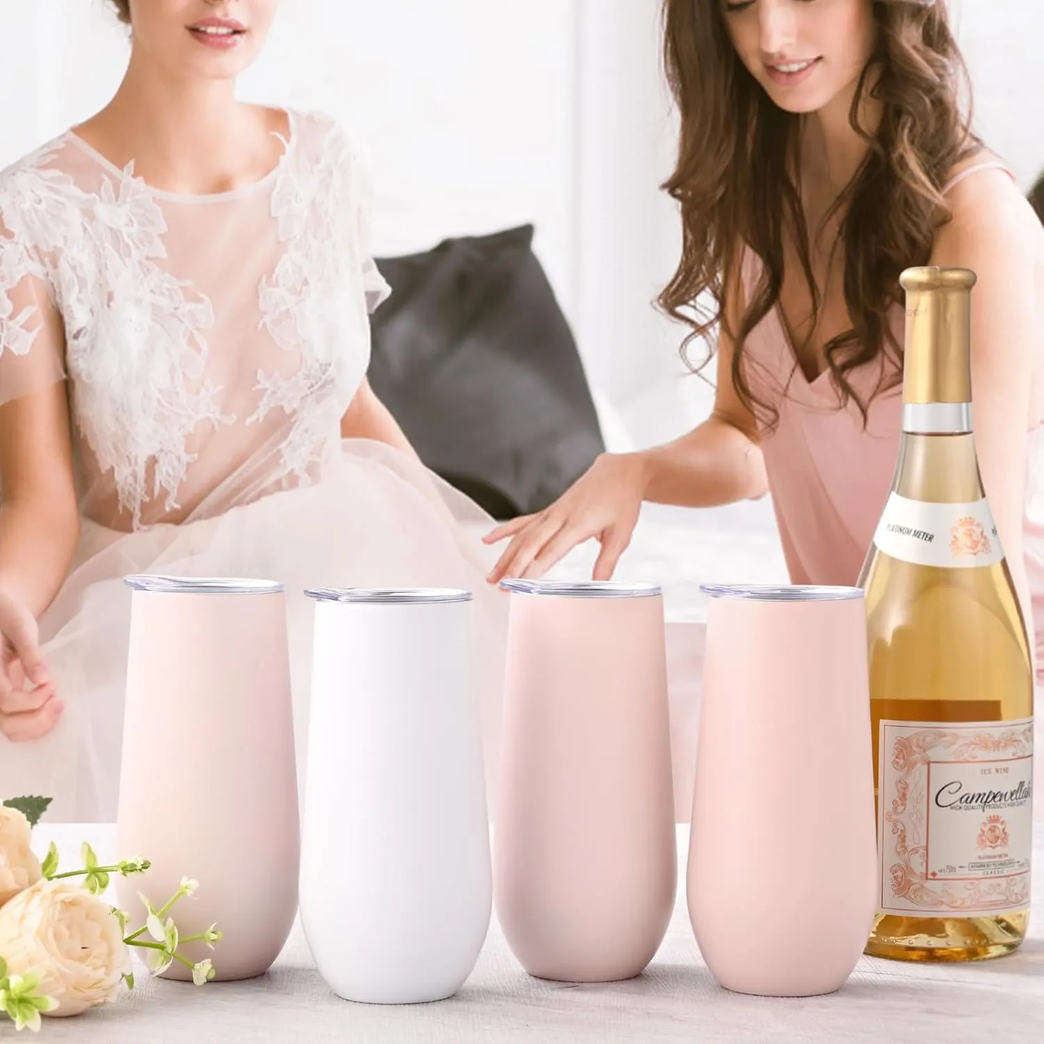 Lifecapido 6 Pack Insulated Stainless Steel Tumblers, 12oz Stemless Flutes, Insulated Champagne Glass for Wedding Party Bride Shower Gifts, 5 Pink 1 White