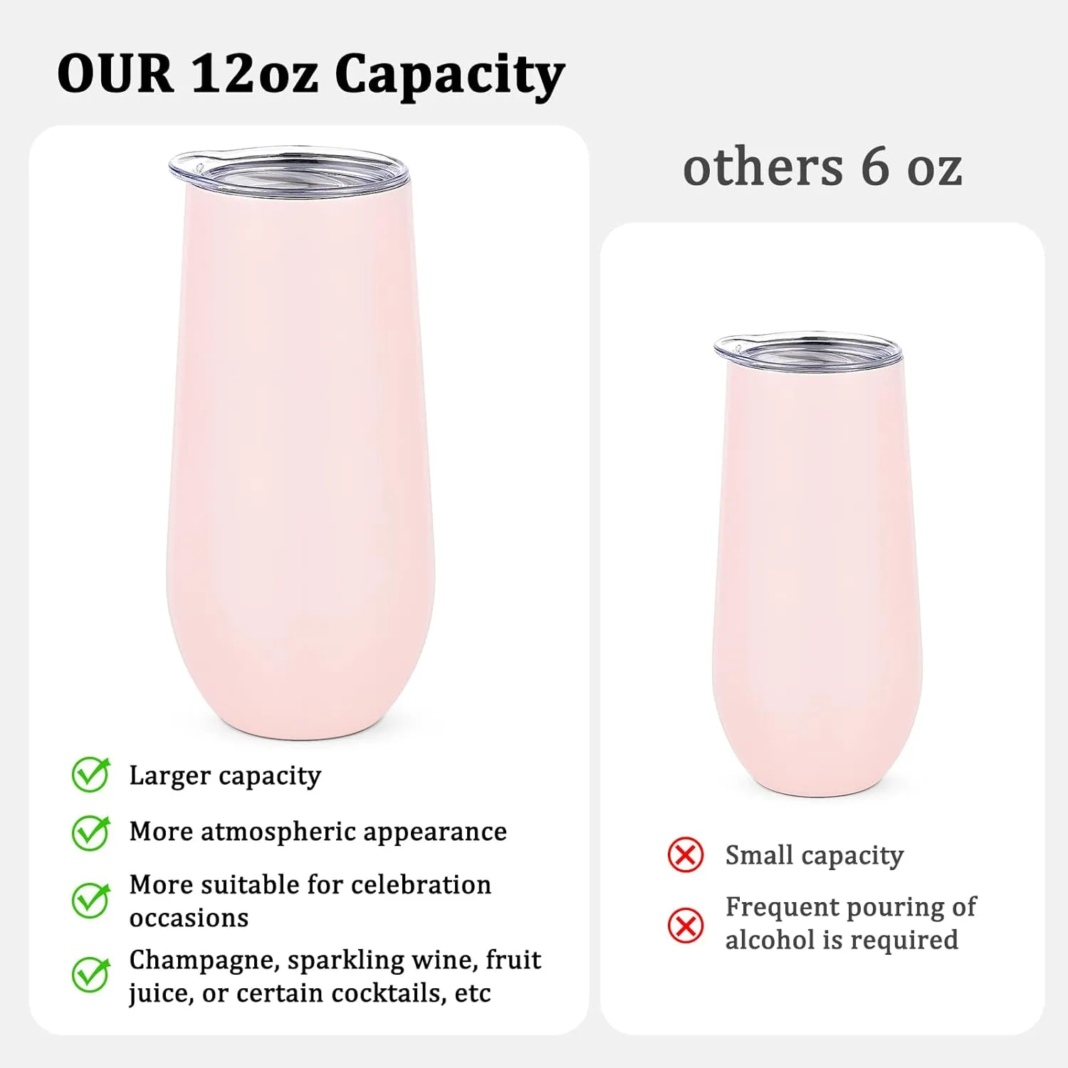 Lifecapido 6 Pack Insulated Stainless Steel Tumblers, 12oz Stemless Flutes, Insulated Champagne Glass for Wedding Party Bride Shower Gifts, 5 Pink 1 White