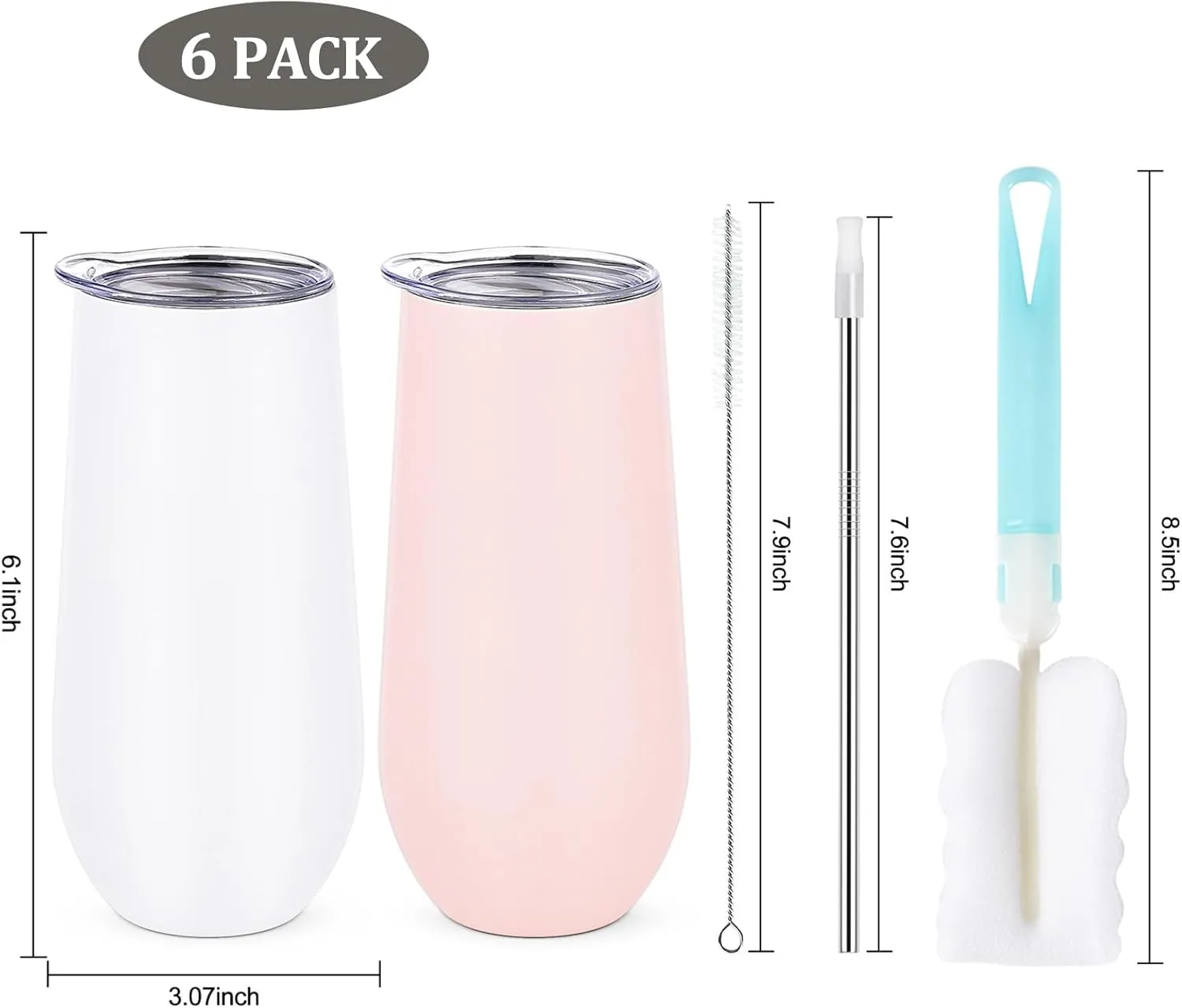 Lifecapido 6 Pack Insulated Stainless Steel Tumblers, 12oz Stemless Flutes, Insulated Champagne Glass for Wedding Party Bride Shower Gifts, 5 Pink 1 White