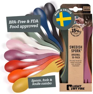 Light My Fire Spork Original 10-Pack 3-in-1 Camping Spoon Fork Knife Combo Reusable Travel & Camping Utensils Lunch Spork Outdoor Backpacking Hiking Picnic Utensil BPA Free