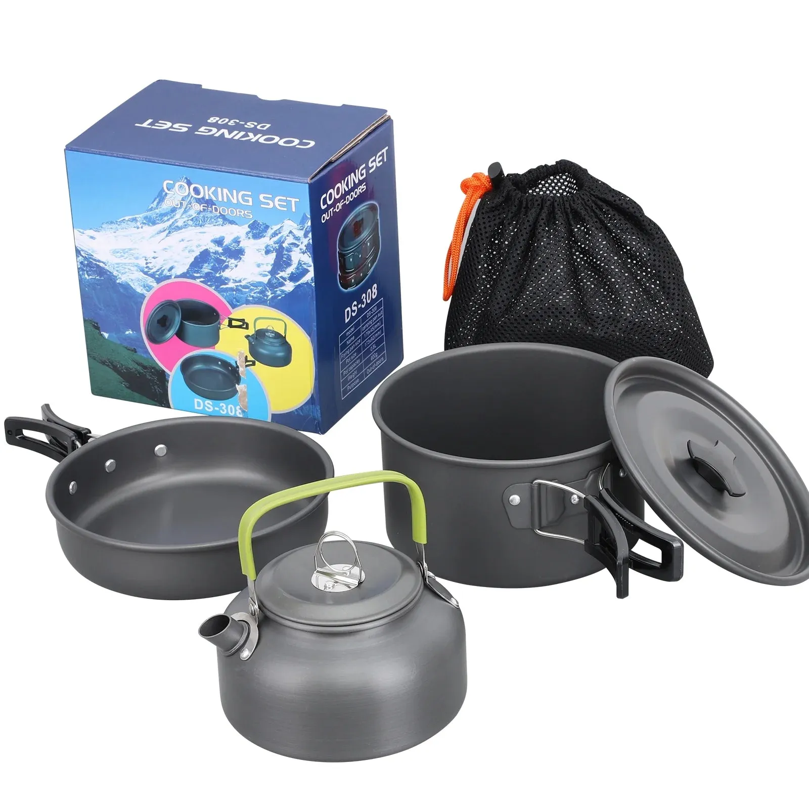 lightweight 3-piece camping cookware set with non-stick pots