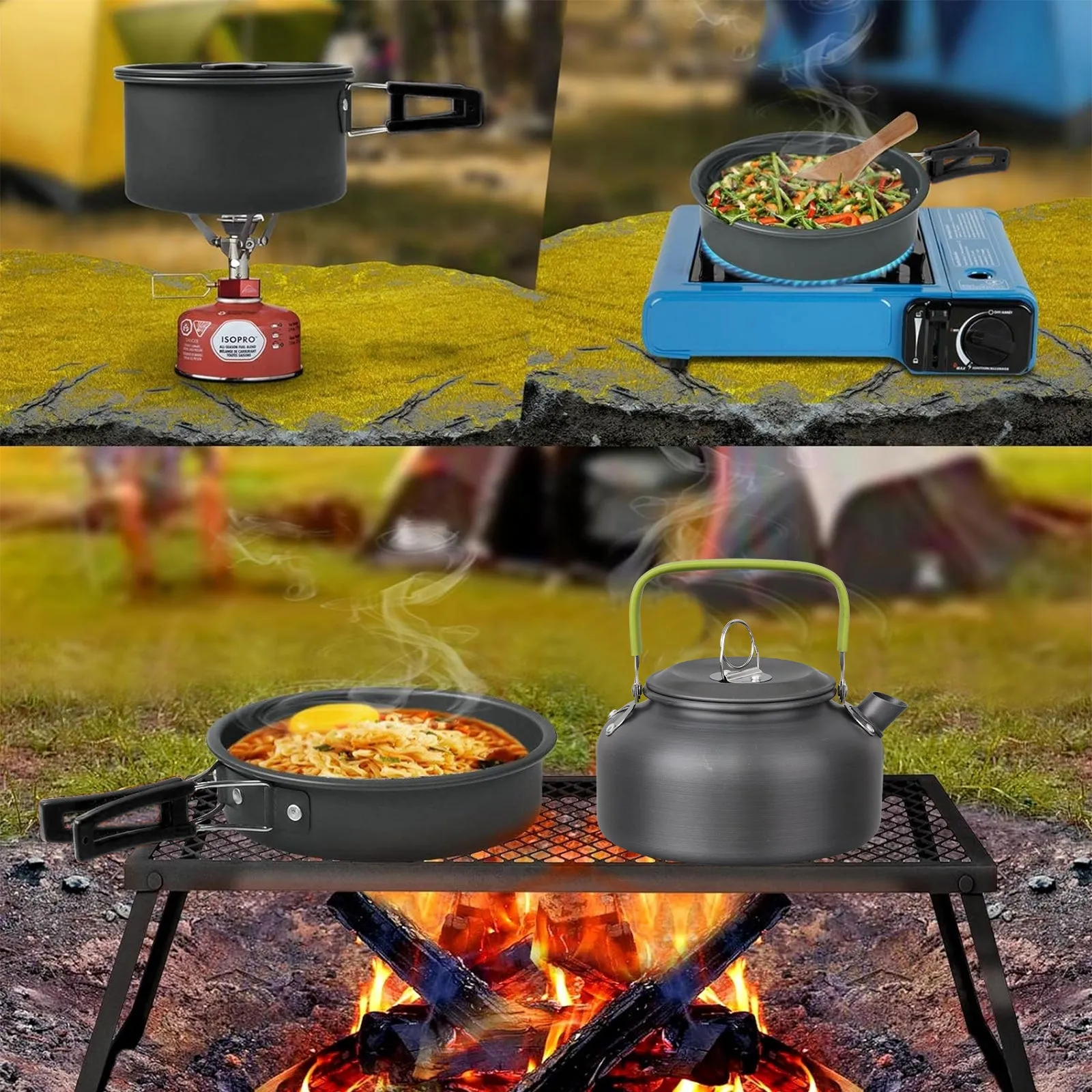 lightweight 3-piece camping cookware set with non-stick pots