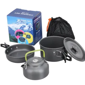 lightweight 3-piece camping cookware set with non-stick pots