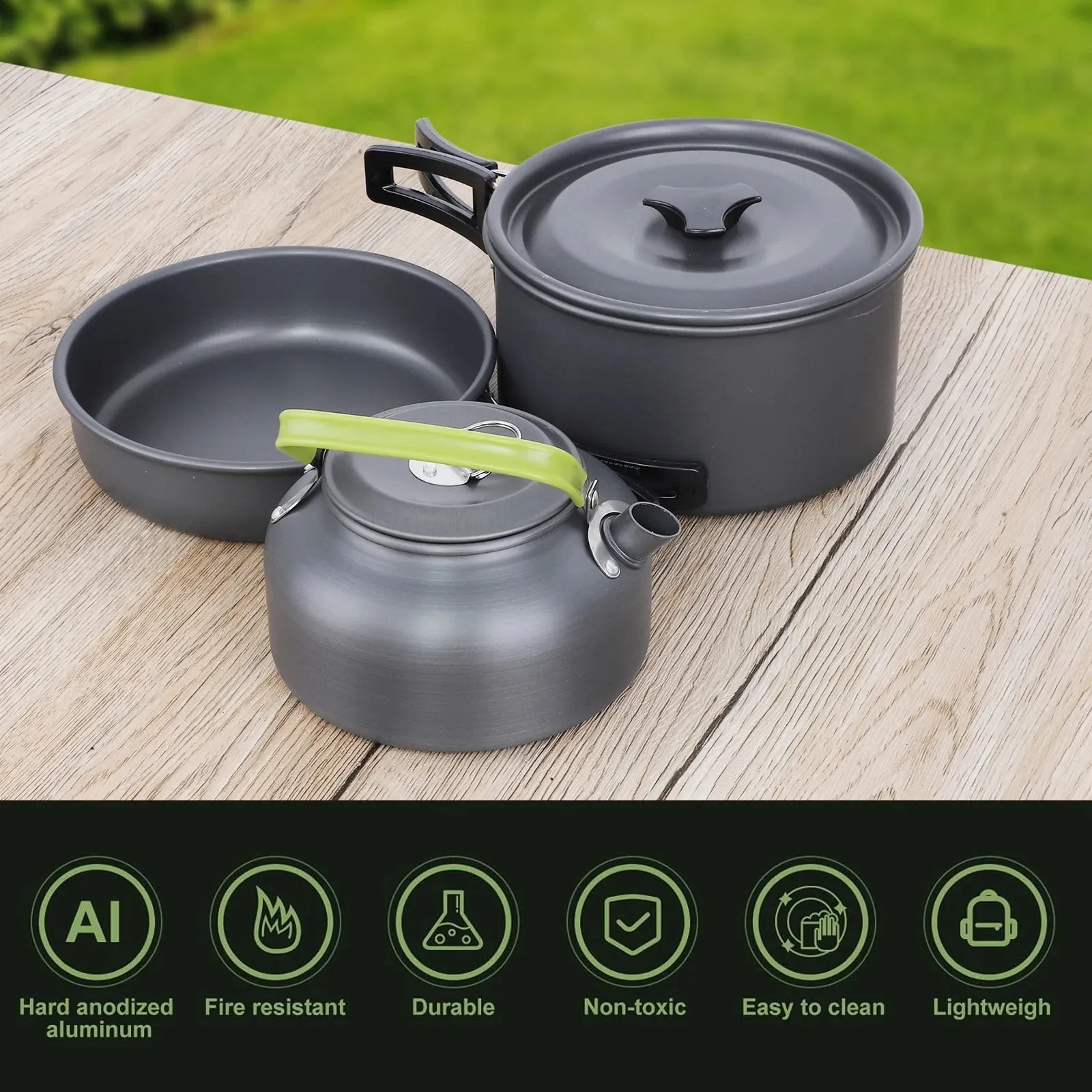 lightweight 3-piece camping cookware set with non-stick pots