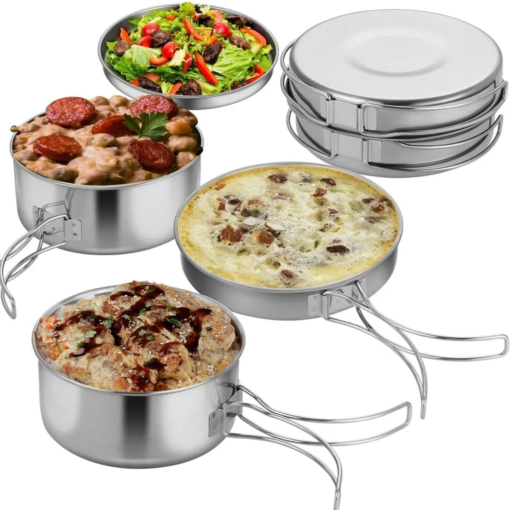 Lightweight 4-Piece Camping Cookware Set, Stainless Steel Pots and Frying Pan with Plate, Stackable, Portable Set for Hiking, Mountaineering