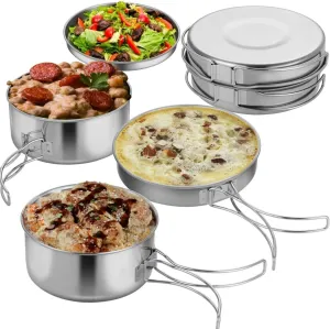 Lightweight 4-Piece Camping Cookware Set, Stainless Steel Pots and Frying Pan with Plate, Stackable, Portable Set for Hiking, Mountaineering