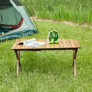 Lightweight Aluminum Roll-Up Rectangular Folding Outdoor Table, Versatile for Camping, BBQ, and Picnics, Brown