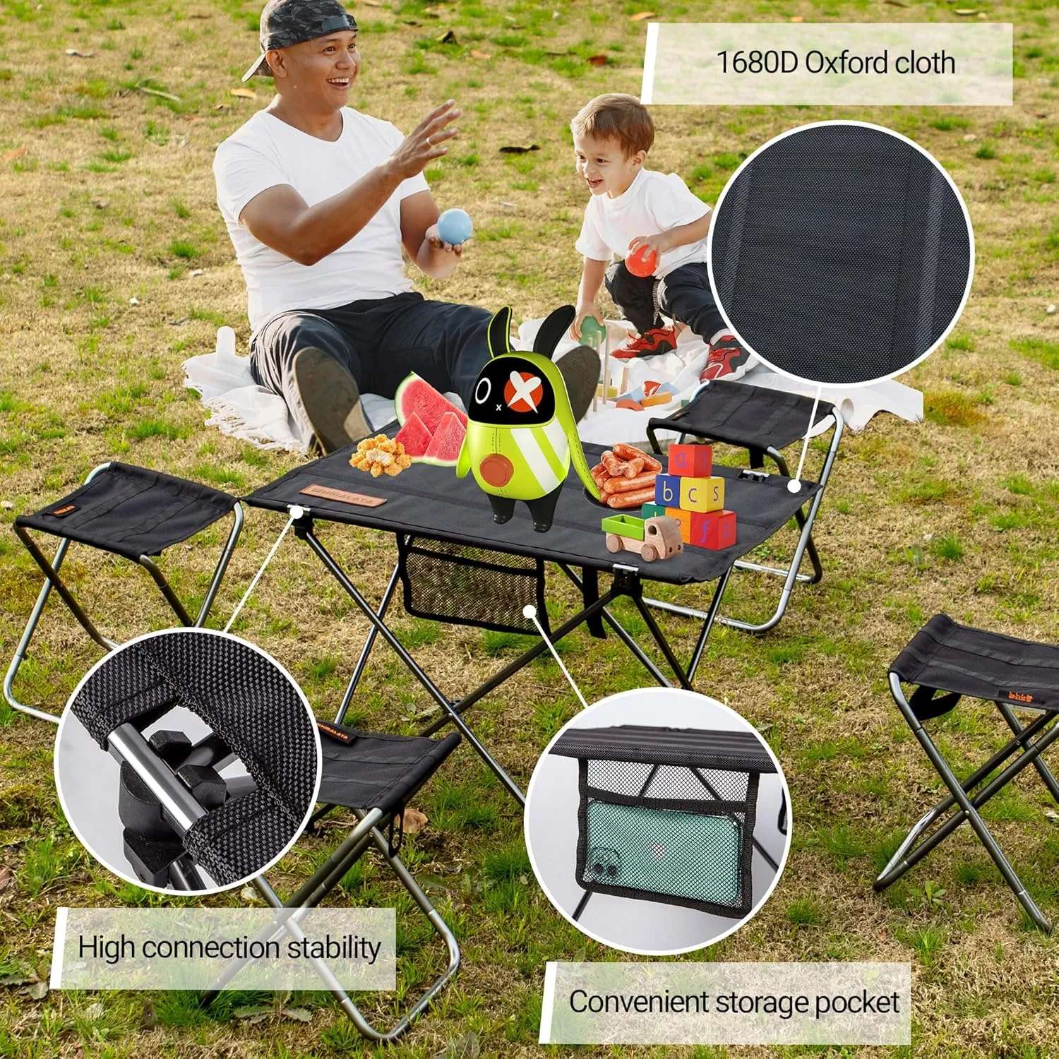 Lightweight Camping Folding Table Set, Small Durable Aluminum Frame and Seat for 3 People, Oxford Cloth Tabletop Aluminum for Outdoor Garden BBQ Beach Picnic (Small Table with 3 Chairs)