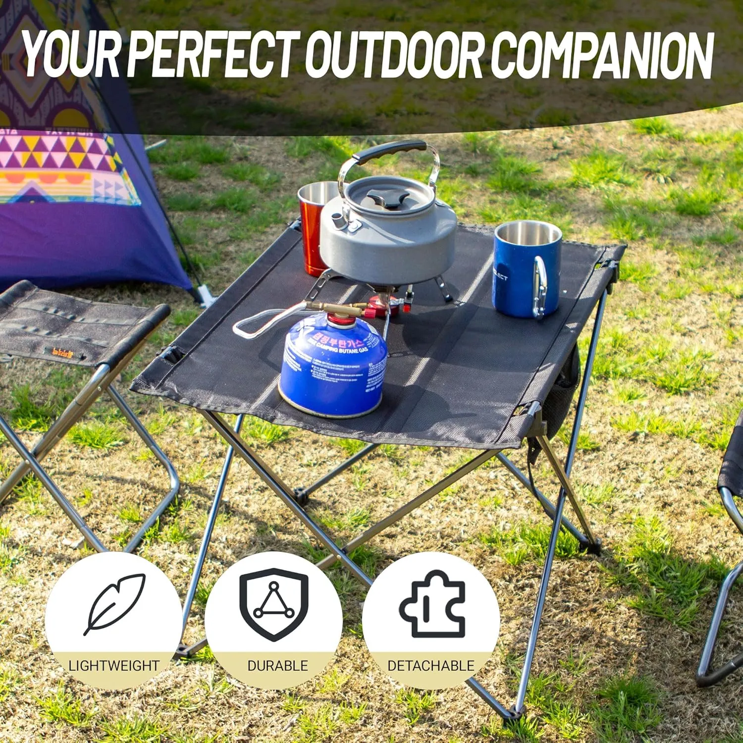 Lightweight Camping Folding Table Set, Small Durable Aluminum Frame and Seat for 3 People, Oxford Cloth Tabletop Aluminum for Outdoor Garden BBQ Beach Picnic (Small Table with 3 Chairs)