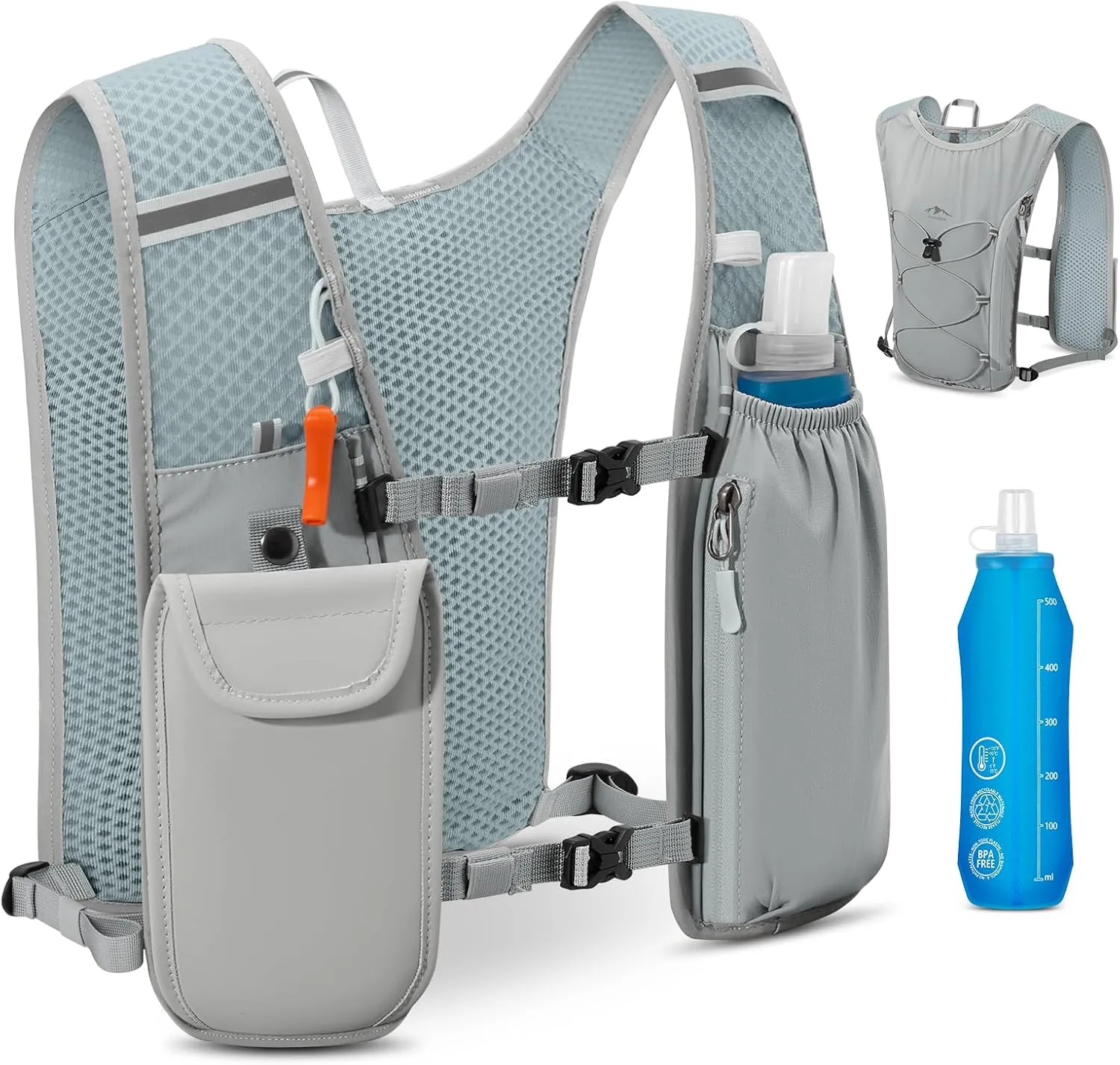 Lightweight Running Hydration Vest with 500ml Soft Flask & Waterproof Phone Pocket - Adjustable No-Bounce Straps for Trail Running, Marathon, Cycling (Grey)