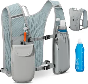 Lightweight Running Hydration Vest with 500ml Soft Flask & Waterproof Phone Pocket - Adjustable No-Bounce Straps for Trail Running, Marathon, Cycling (Grey)