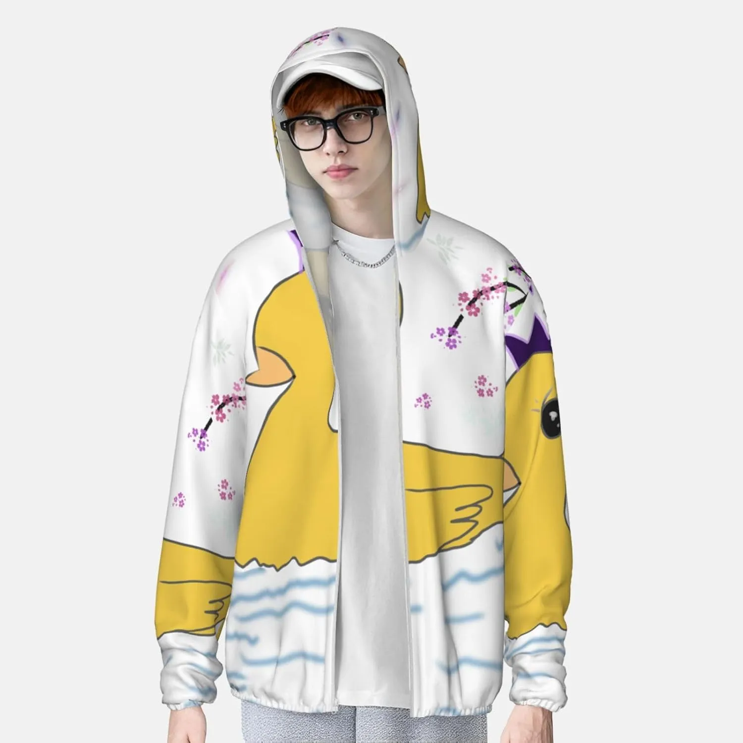 Lightweight UV Protection Sun Jacket, little yellow duck Print Sportswear Hooded Sunblock Shirt for Outdoor
