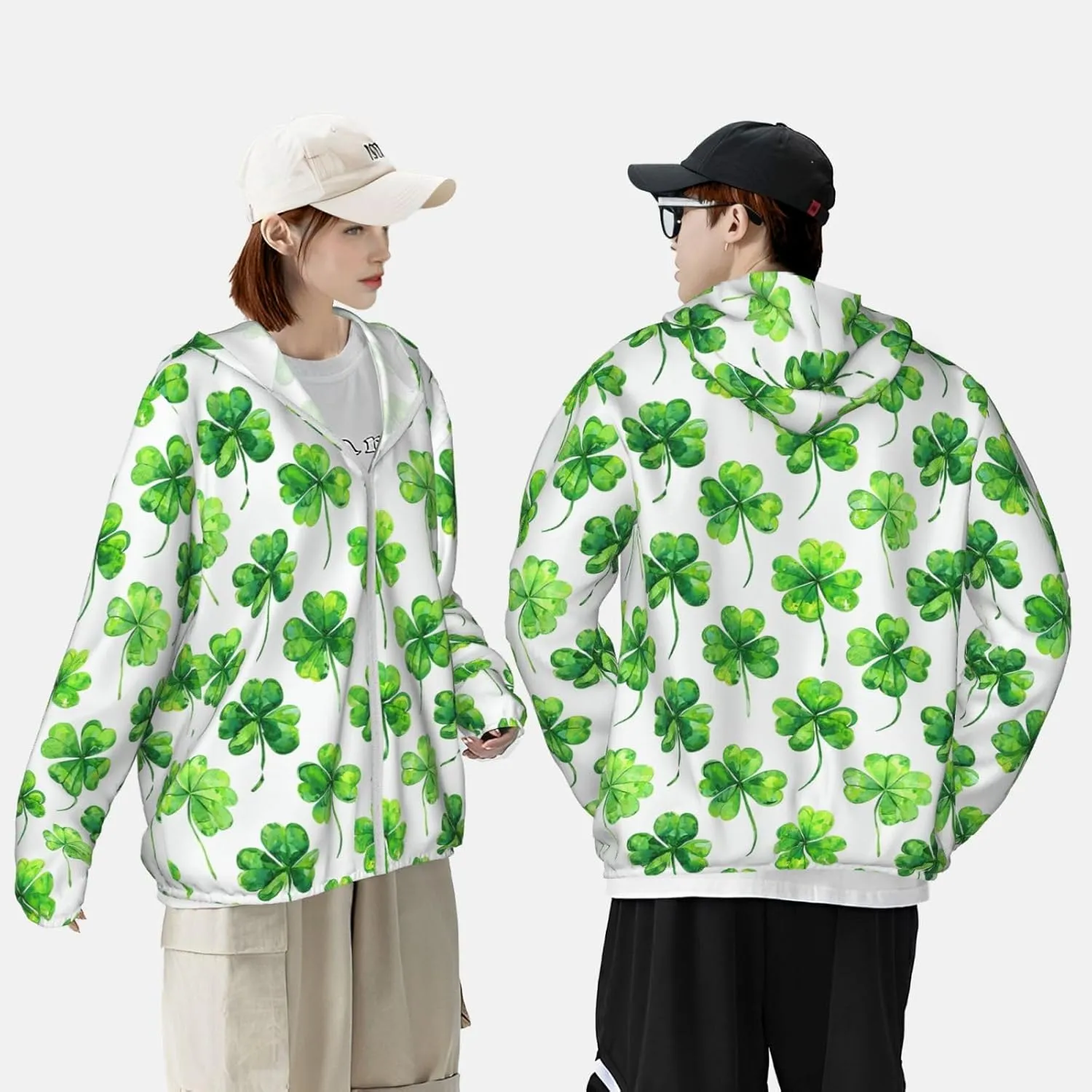 Lightweight UV Protection Sun Jacket, Luck Four-Leaf Clover Print Sportswear Hooded Sunblock Shirt for Outdoor