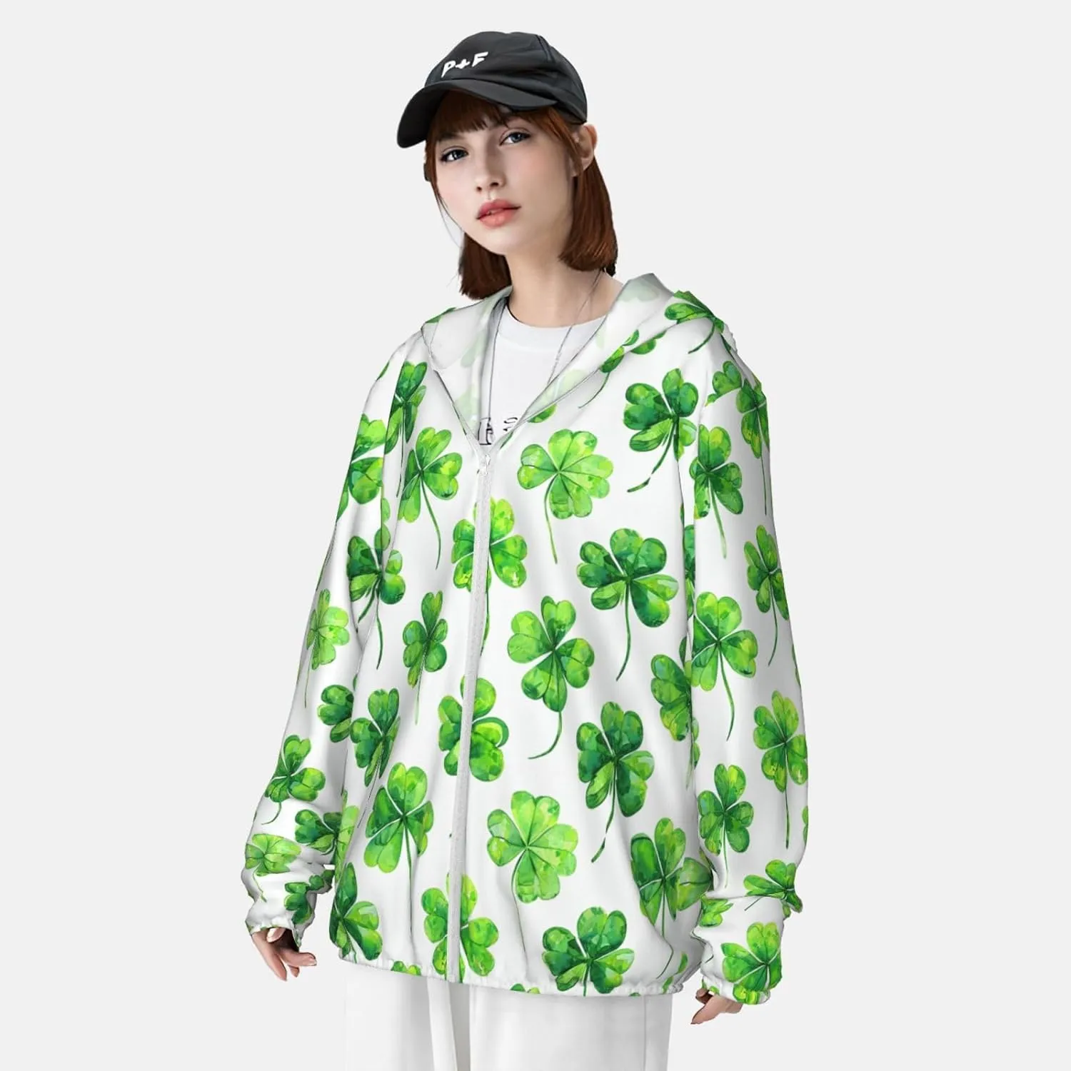 Lightweight UV Protection Sun Jacket, Luck Four-Leaf Clover Print Sportswear Hooded Sunblock Shirt for Outdoor