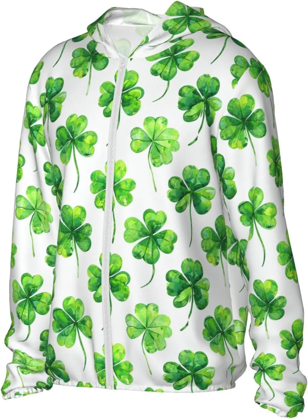 Lightweight UV Protection Sun Jacket, Luck Four-Leaf Clover Print Sportswear Hooded Sunblock Shirt for Outdoor