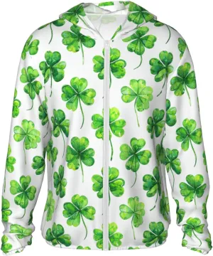 Lightweight UV Protection Sun Jacket, Luck Four-Leaf Clover Print Sportswear Hooded Sunblock Shirt for Outdoor