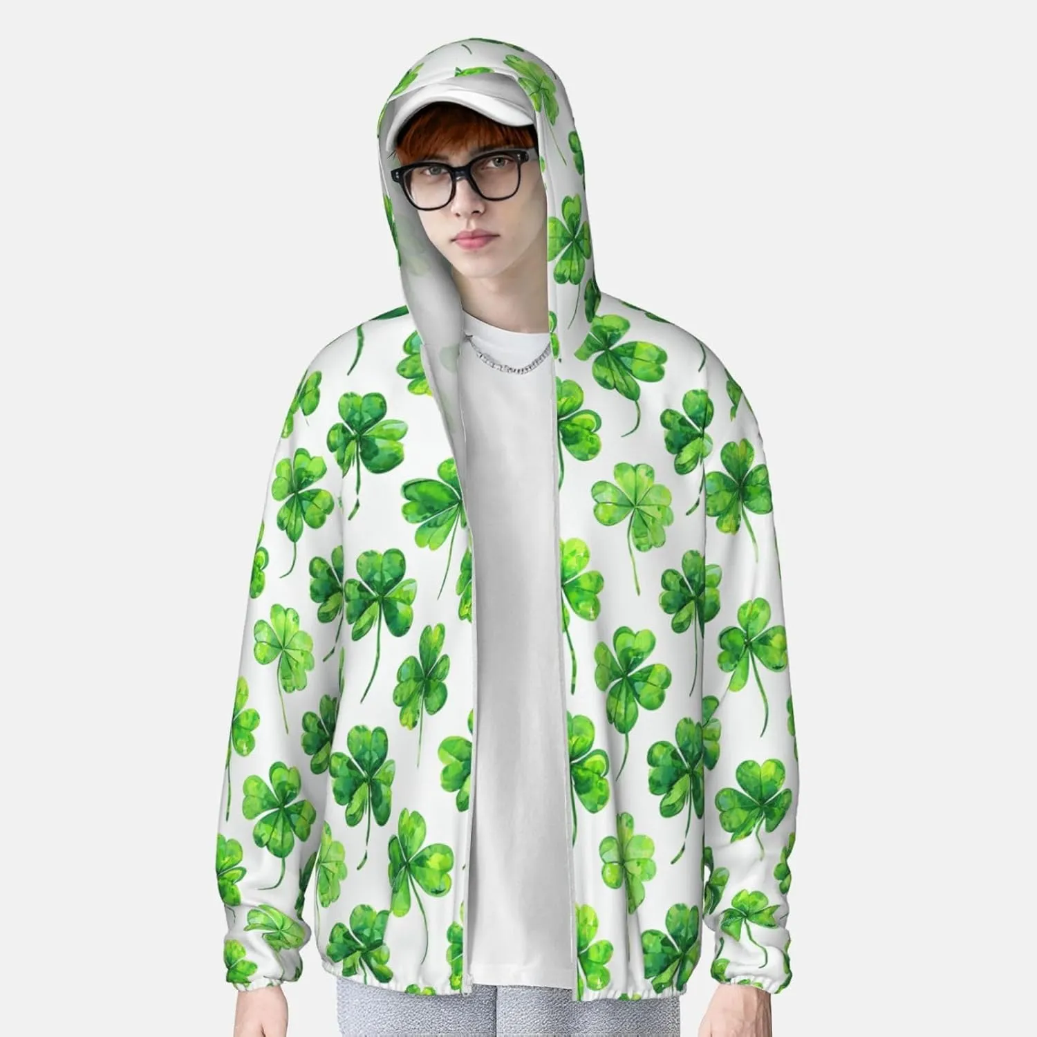 Lightweight UV Protection Sun Jacket, Luck Four-Leaf Clover Print Sportswear Hooded Sunblock Shirt for Outdoor