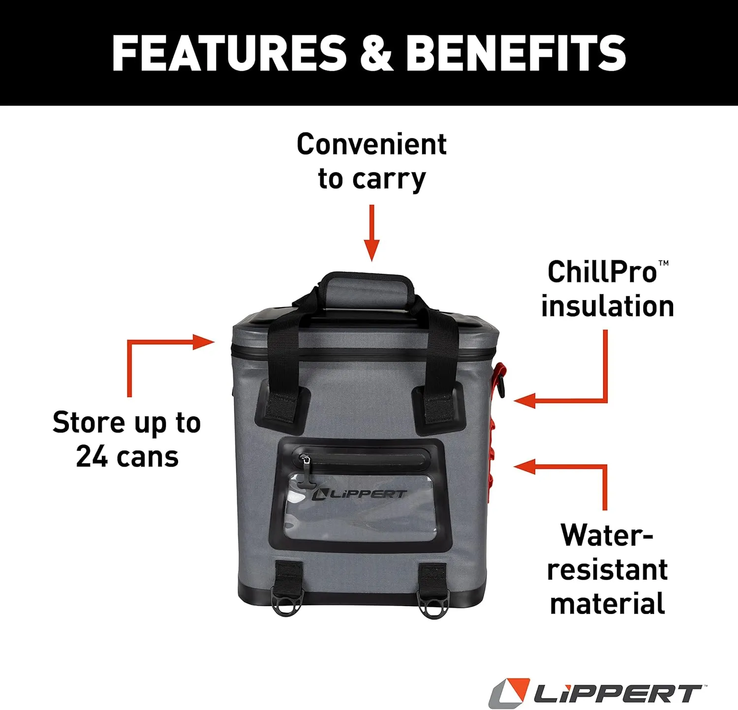Lippert Adventure Pro 24-Can Soft Insulated Cooler Tote Bag, Up to 15 lbs. of Ice, 18 Quarts of Water, 14" x 10-1/2" x 15-1/4" Wide Mouth Opening, Padded Handle & Shoulder Strap - 2021099915