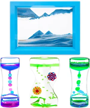 Liquid Motion Bubbler, Boyistar 4 Pack Rectangle Liquid Timer and Moving Sand Art Picture for Home Office Decor