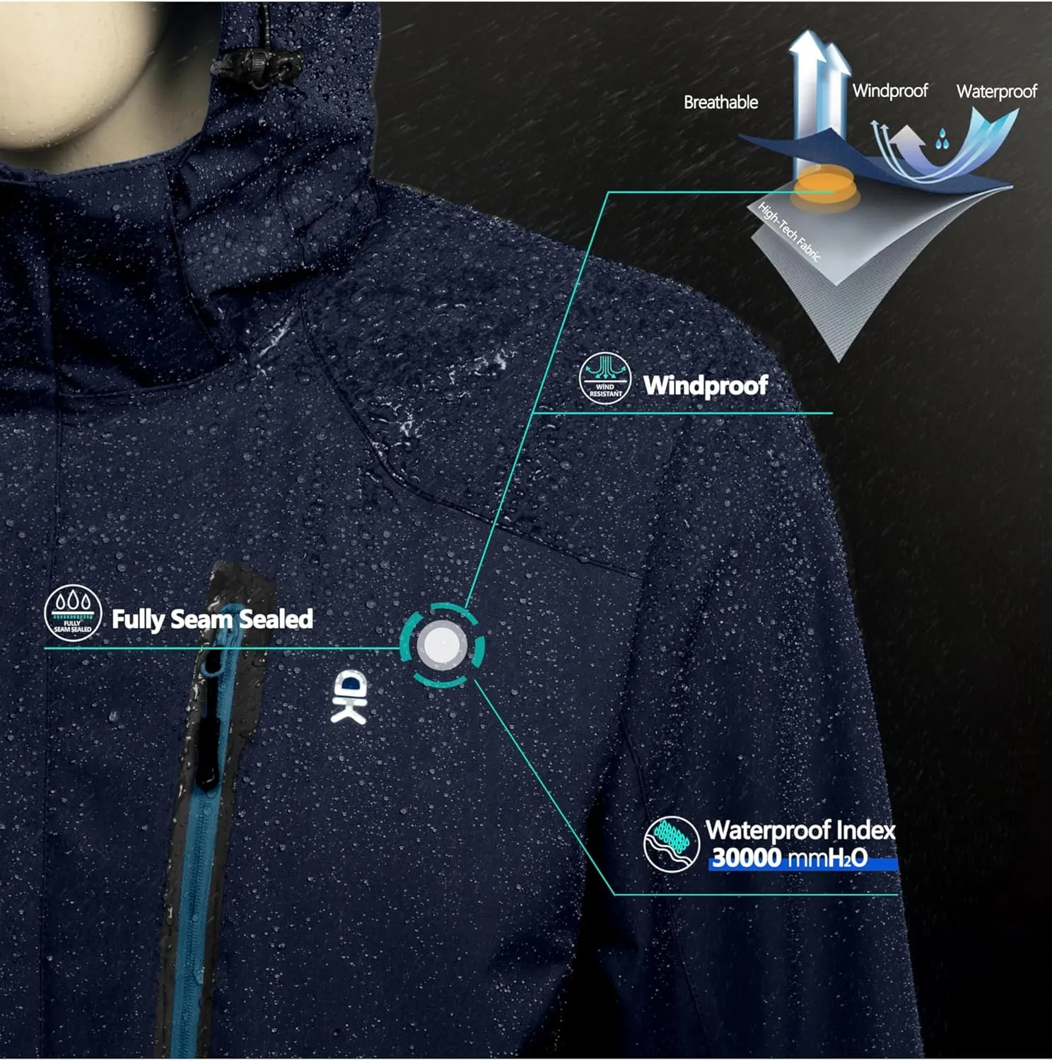 Little Donkey Andy Men's Waterproof Rain Jacket with Detachable Hood Outdoor Raincoat for Hiking Travel Cycling