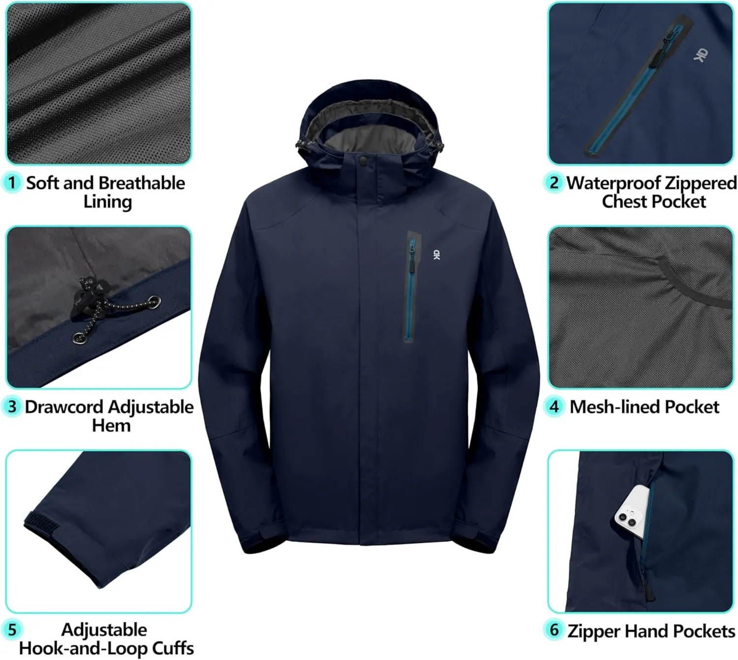 Little Donkey Andy Men's Waterproof Rain Jacket with Detachable Hood Outdoor Raincoat for Hiking Travel Cycling