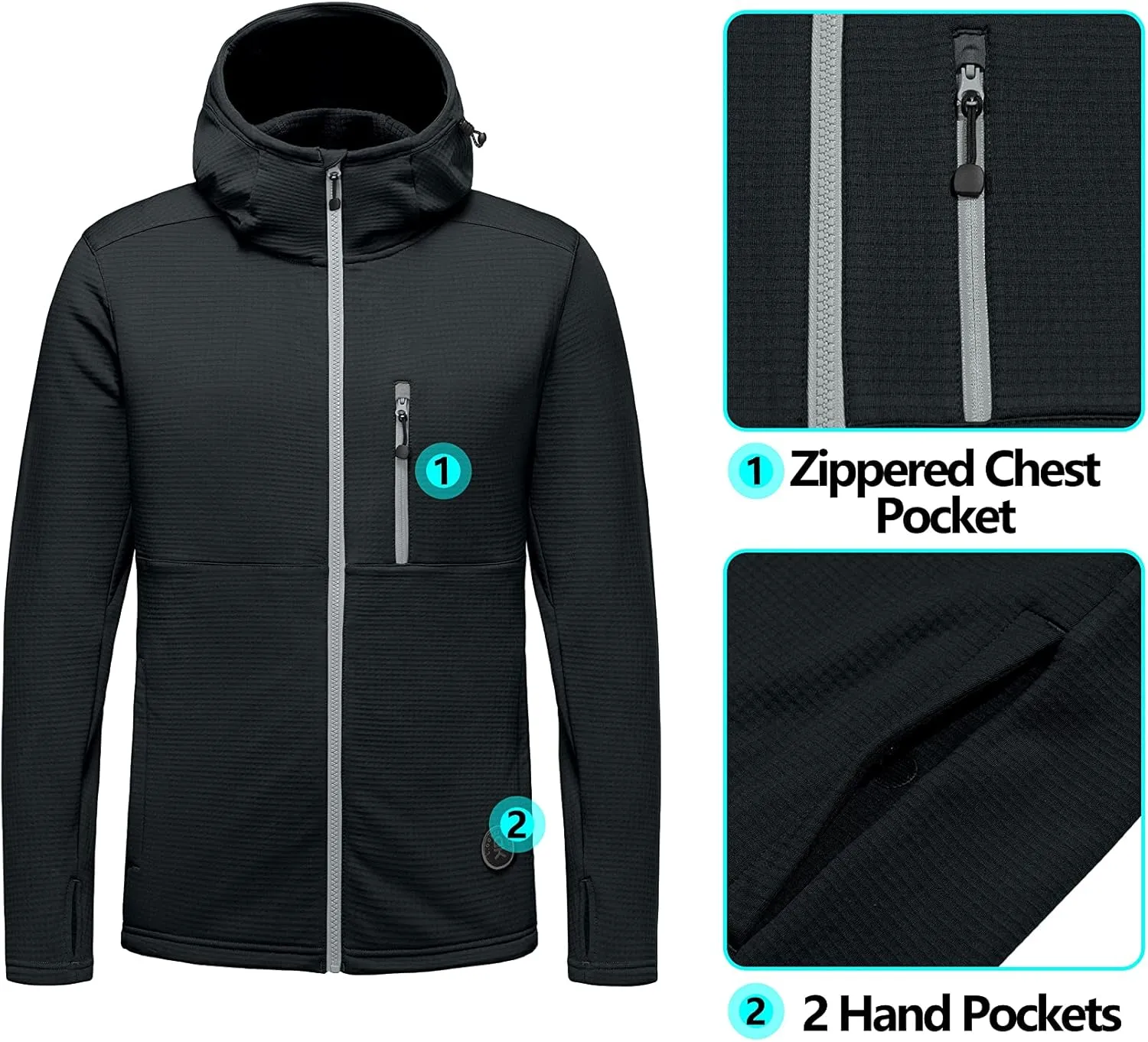 Little Donkey Andy Men's Winter Lightweight Warm Fleece Running Jacket Breathable Hooded Thermal Jacket with Thumb Holes