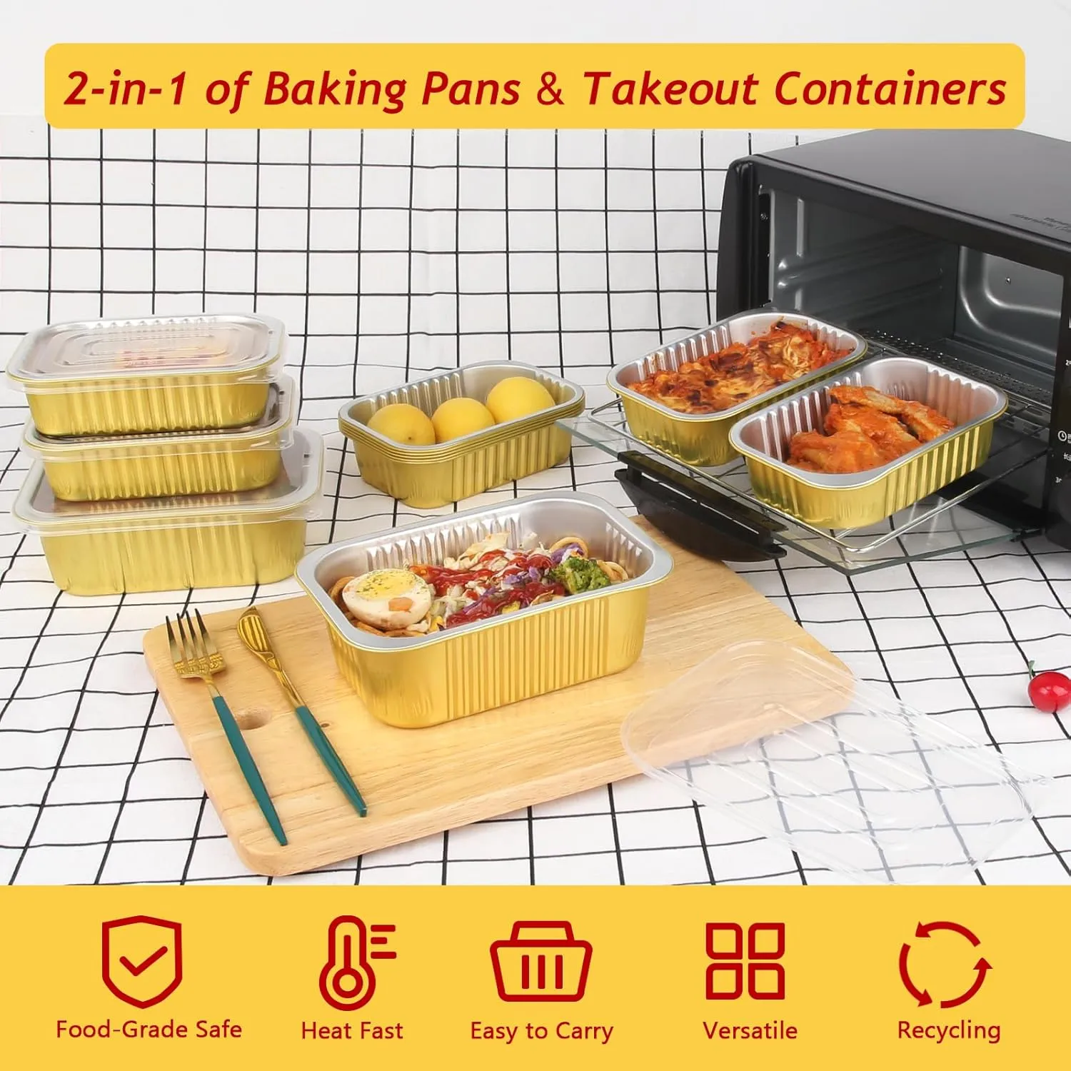 LNYZQUS 1lb Small Foil Pans With PP Lids 50 Pack, 16oz Heavy Duty Aluminum Leftover Containers Holders,Disposable Baking Tins To Go Containers For Cooking Heating Storing Meal Prep