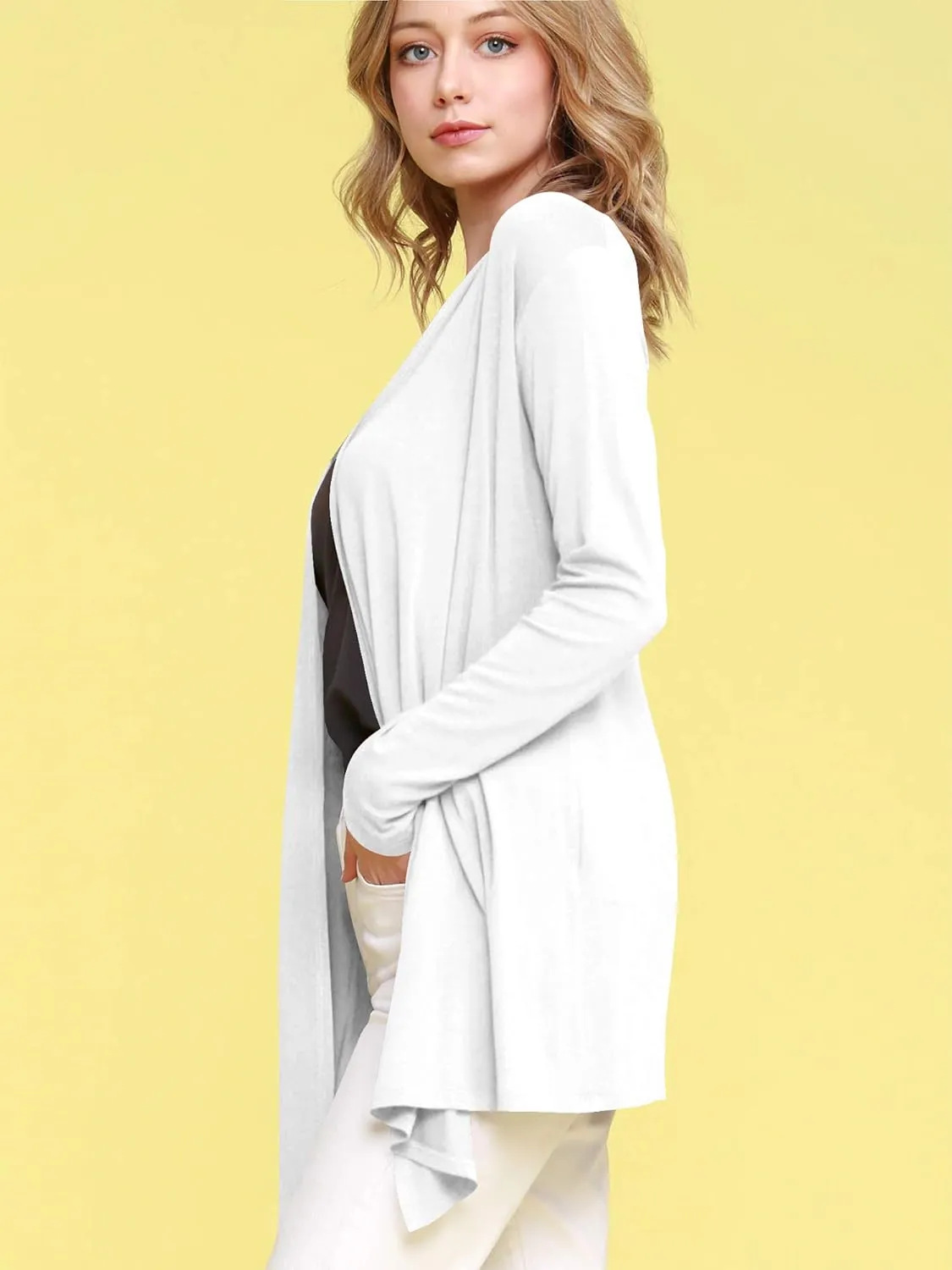 Lock and Love Women's Draped Front Open Asymmetrical Cardigan - Casual Long Sleeve Lightweight Duster