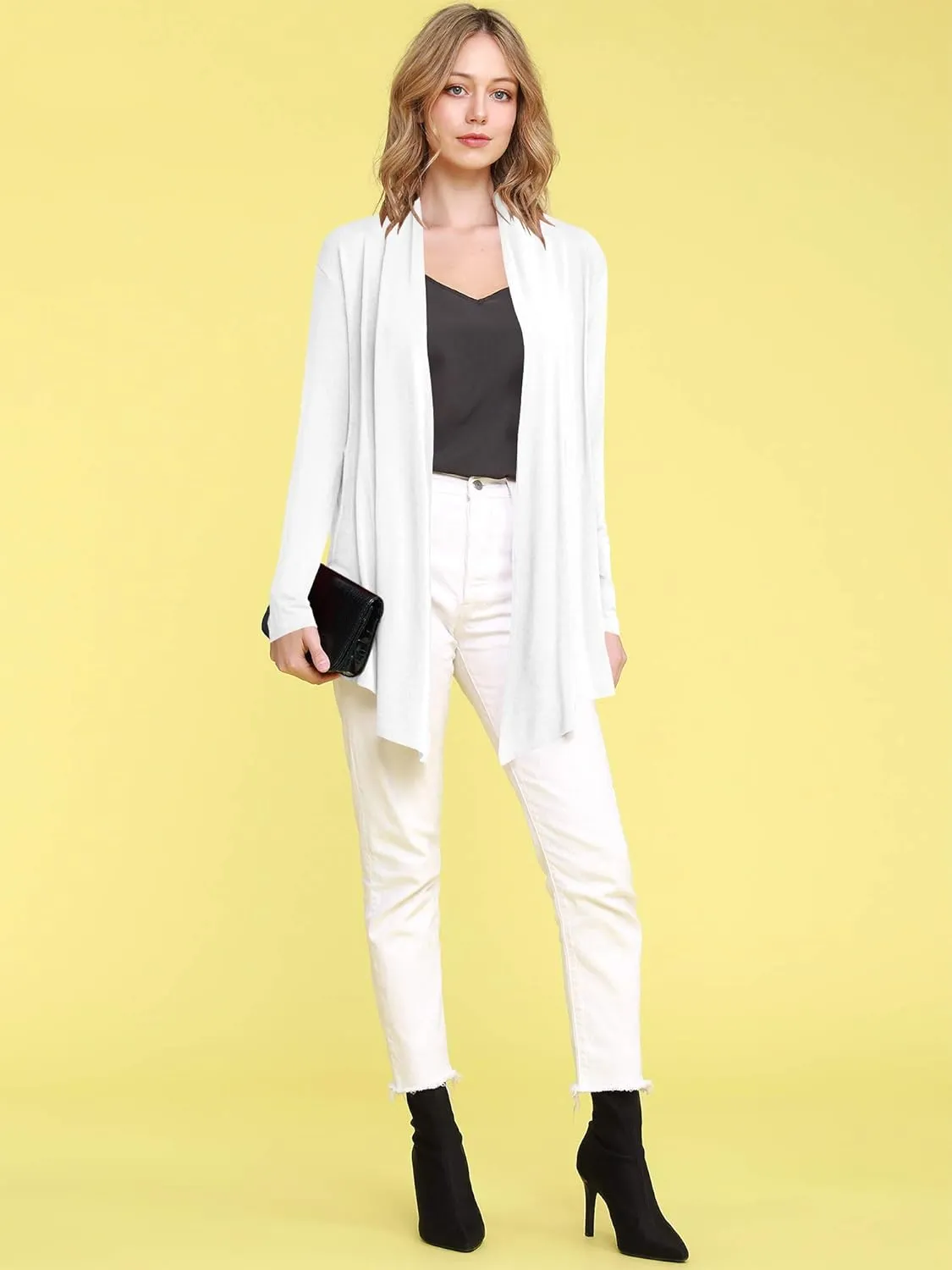 Lock and Love Women's Draped Front Open Asymmetrical Cardigan - Casual Long Sleeve Lightweight Duster