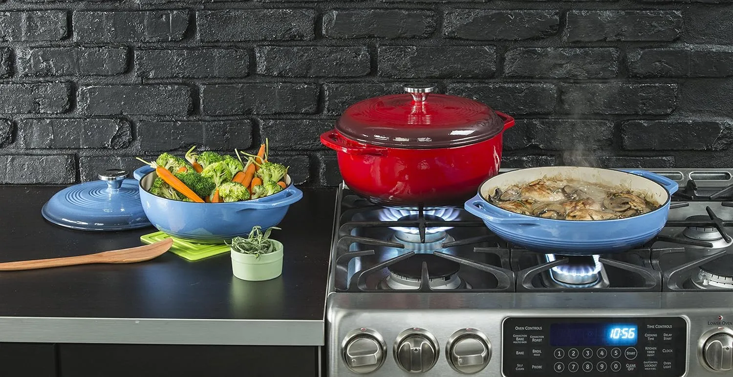 Lodge 3 Quart Enameled Cast Iron Dutch Oven with Lid – Dual Handles – Oven Safe up to 500° F or on Stovetop - Use to Marinate, Cook, Bake, Refrigerate and Serve – Caribbean Blue