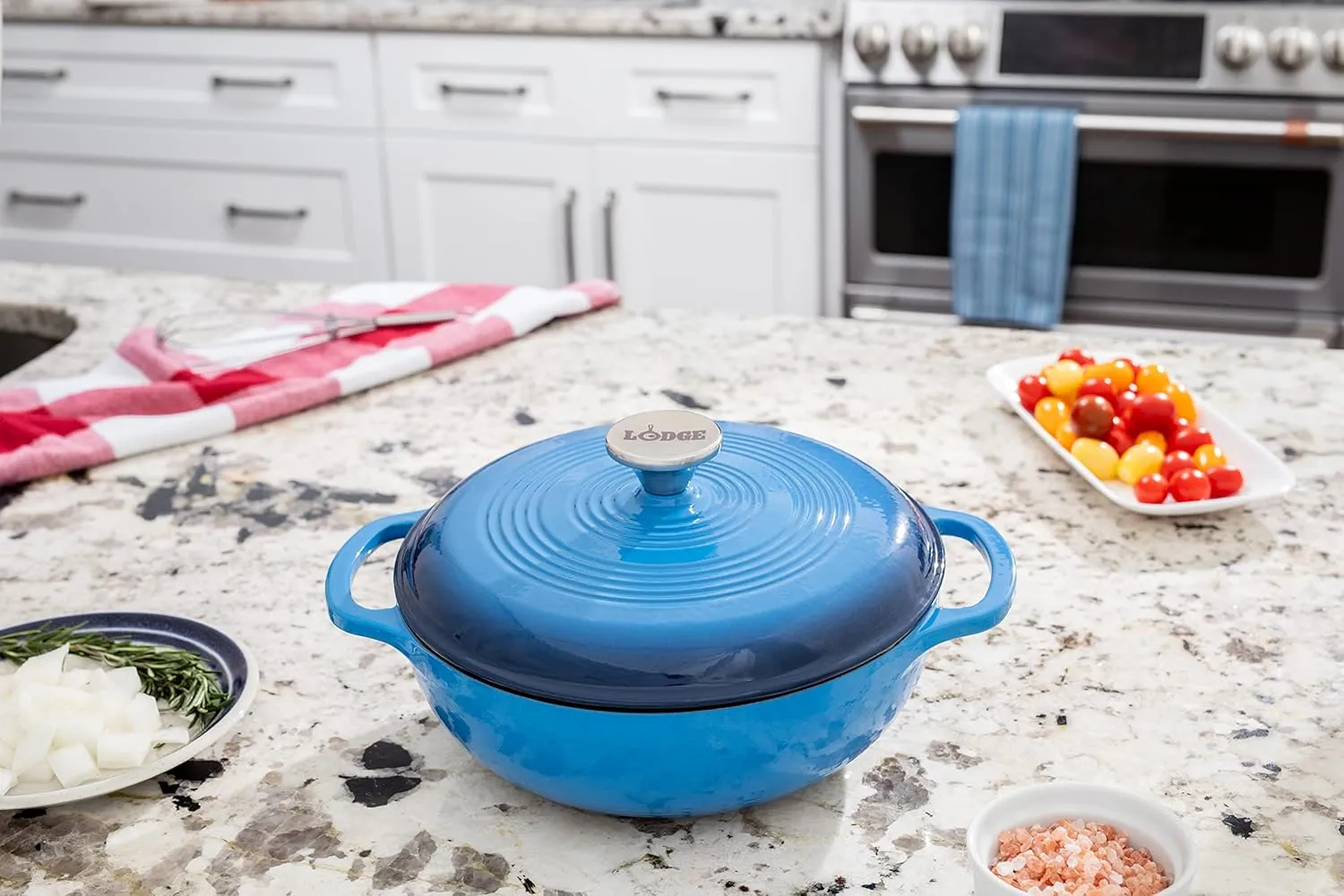 Lodge 3 Quart Enameled Cast Iron Dutch Oven with Lid – Dual Handles – Oven Safe up to 500° F or on Stovetop - Use to Marinate, Cook, Bake, Refrigerate and Serve – Caribbean Blue