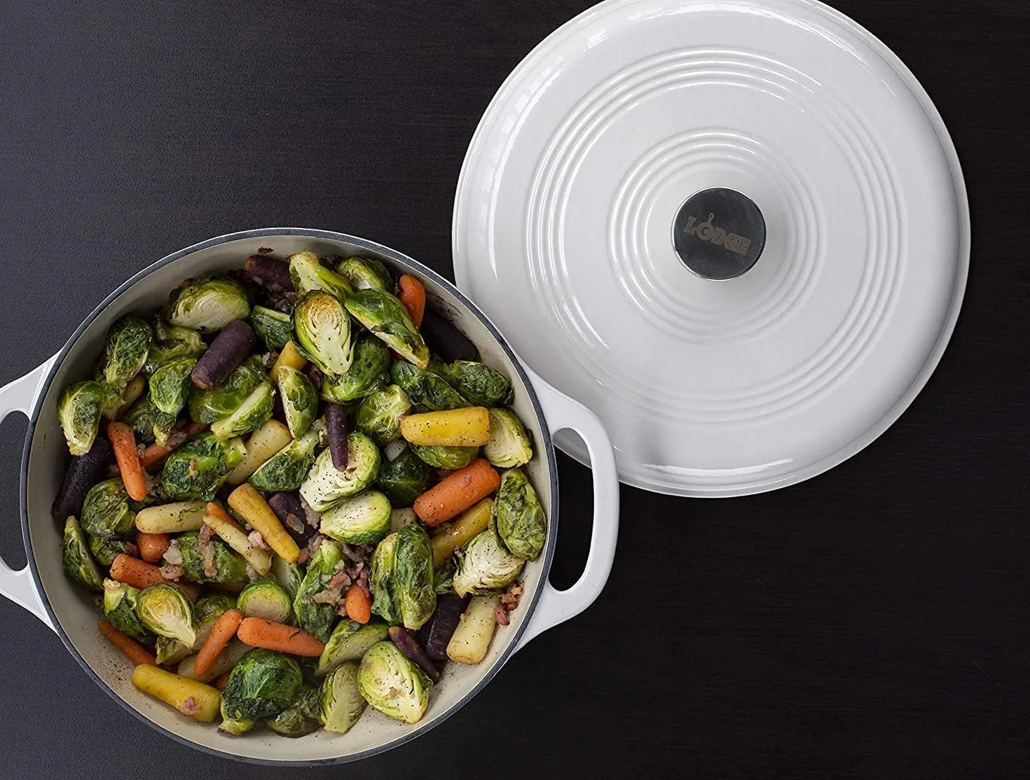 Lodge 7.5 Quart Enameled Cast Iron Dutch Oven with Lid – Dual Handles – Oven Safe up to 500° F or on Stovetop - Use to Marinate, Cook, Bake, Refrigerate and Serve – Oyster White