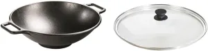 Lodge BOLD 14 Inch Seasoned Cast Iron Wok; Design-Forward Cookware & Manufacturing Company GL15 Tempered Glass Lid, 15", Clear