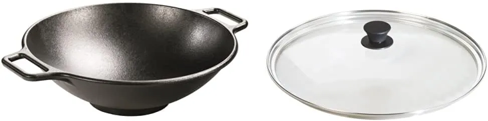 Lodge BOLD 14 Inch Seasoned Cast Iron Wok; Design-Forward Cookware & Manufacturing Company GL15 Tempered Glass Lid, 15", Clear