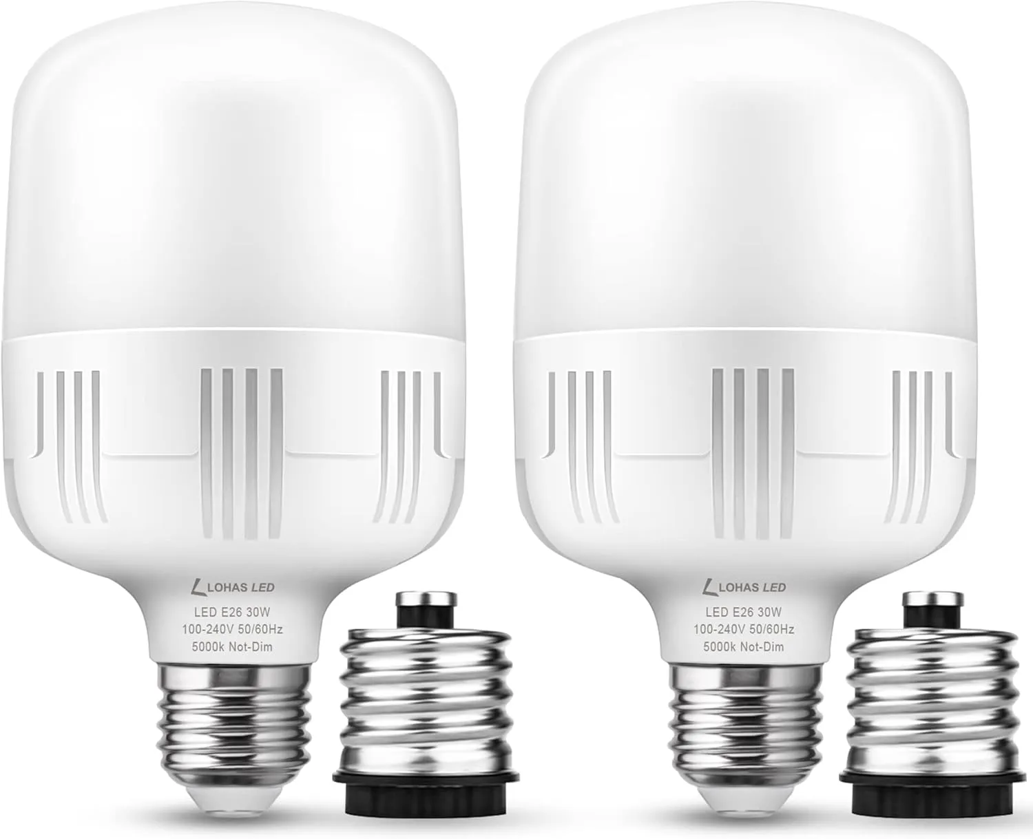 LOHAS Super Bright Light Bulbs, 250-300W Equivalent 3400LM E26 Garage LED Bulb, 5000K Daylight 30 Watt High Lumen LED Bulb w/E39 Adapter for Commercial Warehouse Workshop Factory Backyard Barn, 2 Pack