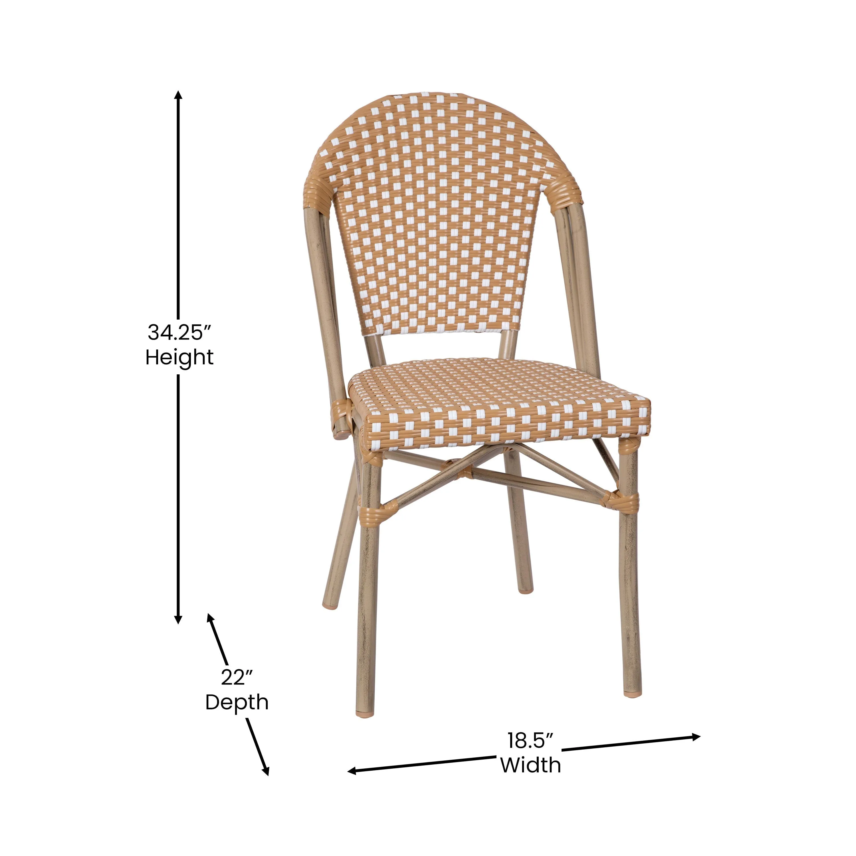 Lourdes Indoor/Outdoor Commercial Bistro 31.5" Table, PE Rattan, Glass Top with 4 Stack Chairs