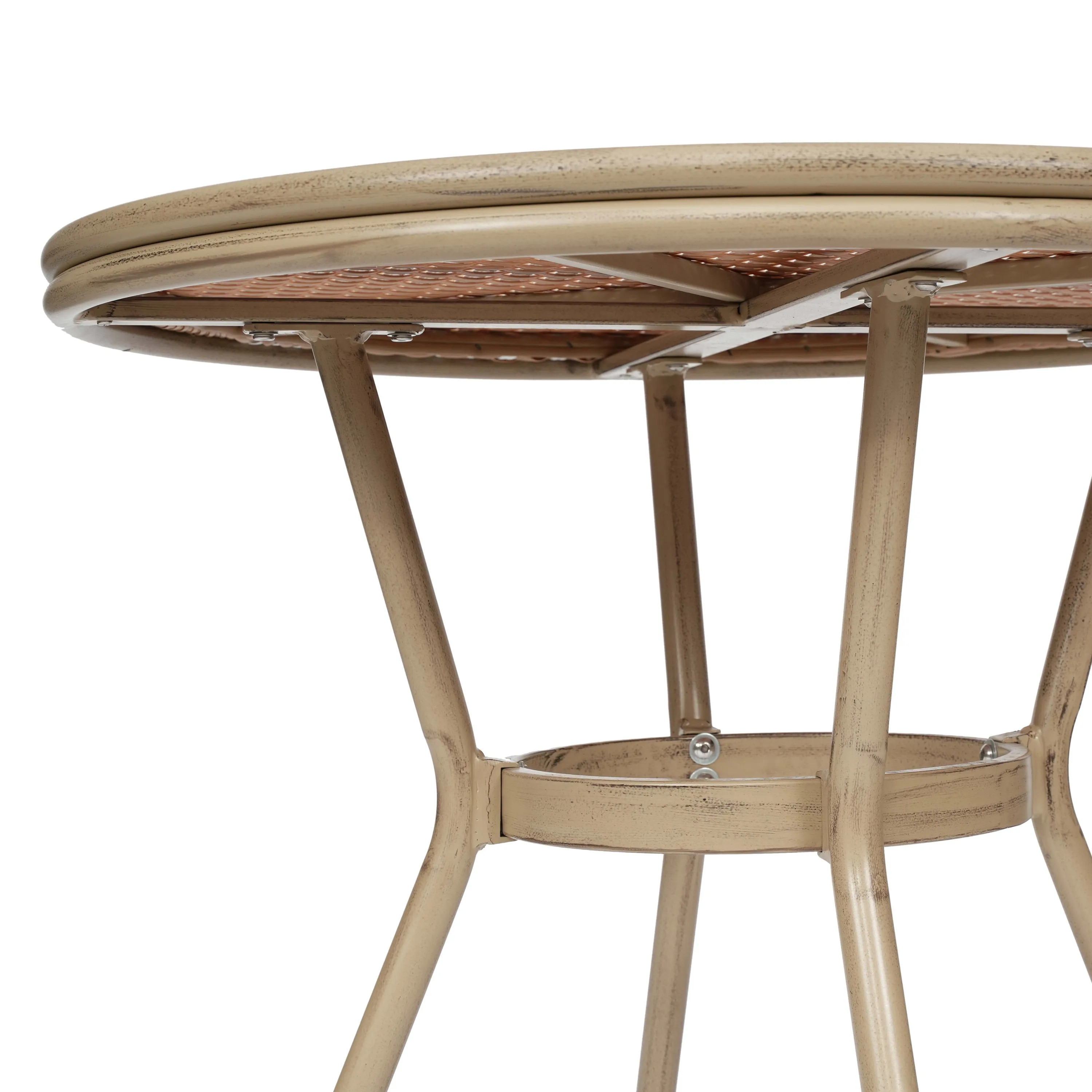 Lourdes Indoor/Outdoor Commercial Bistro 31.5" Table, PE Rattan, Glass Top with 4 Stack Chairs