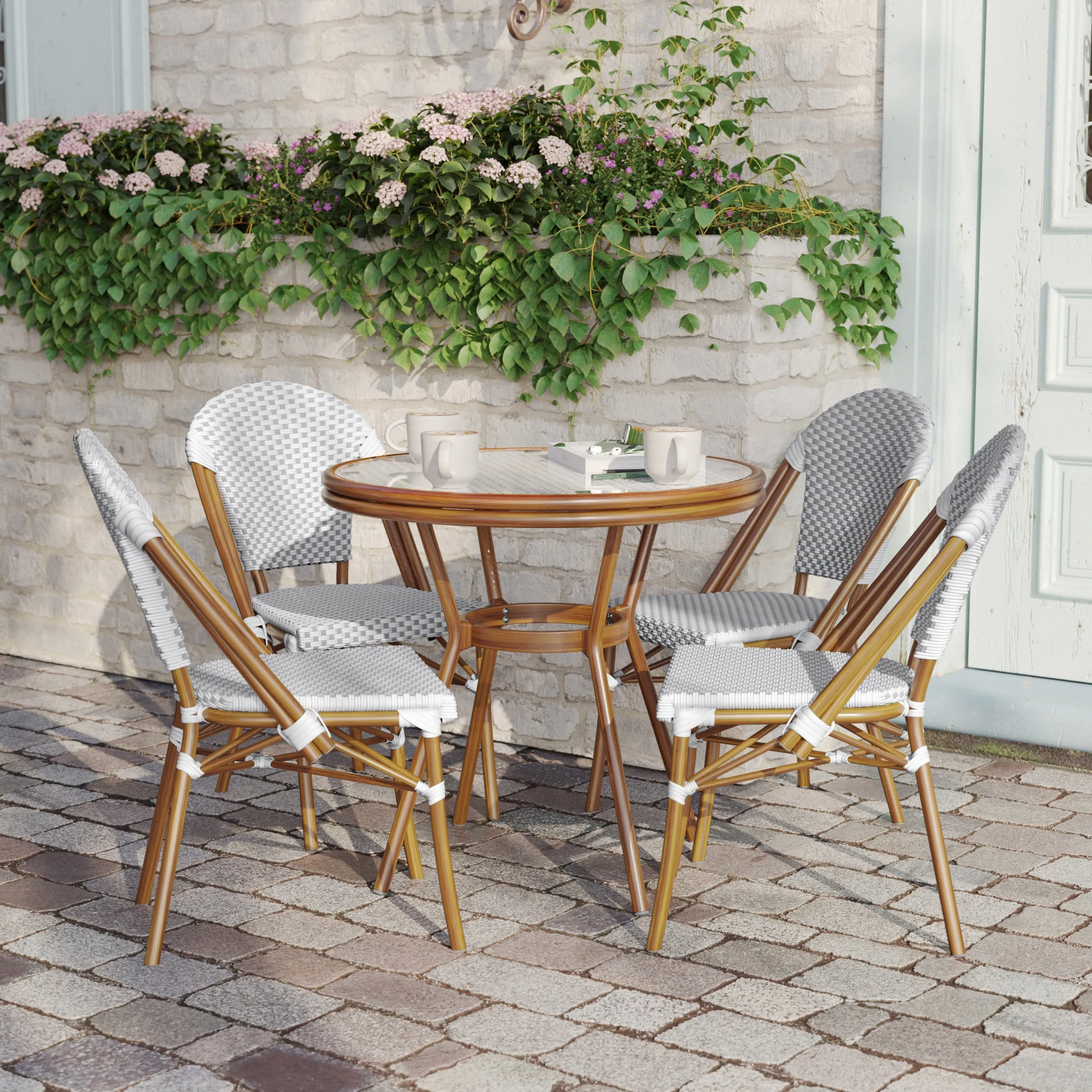 Lourdes Indoor/Outdoor Commercial Bistro 31.5" Table, PE Rattan, Glass Top with 4 Stack Chairs