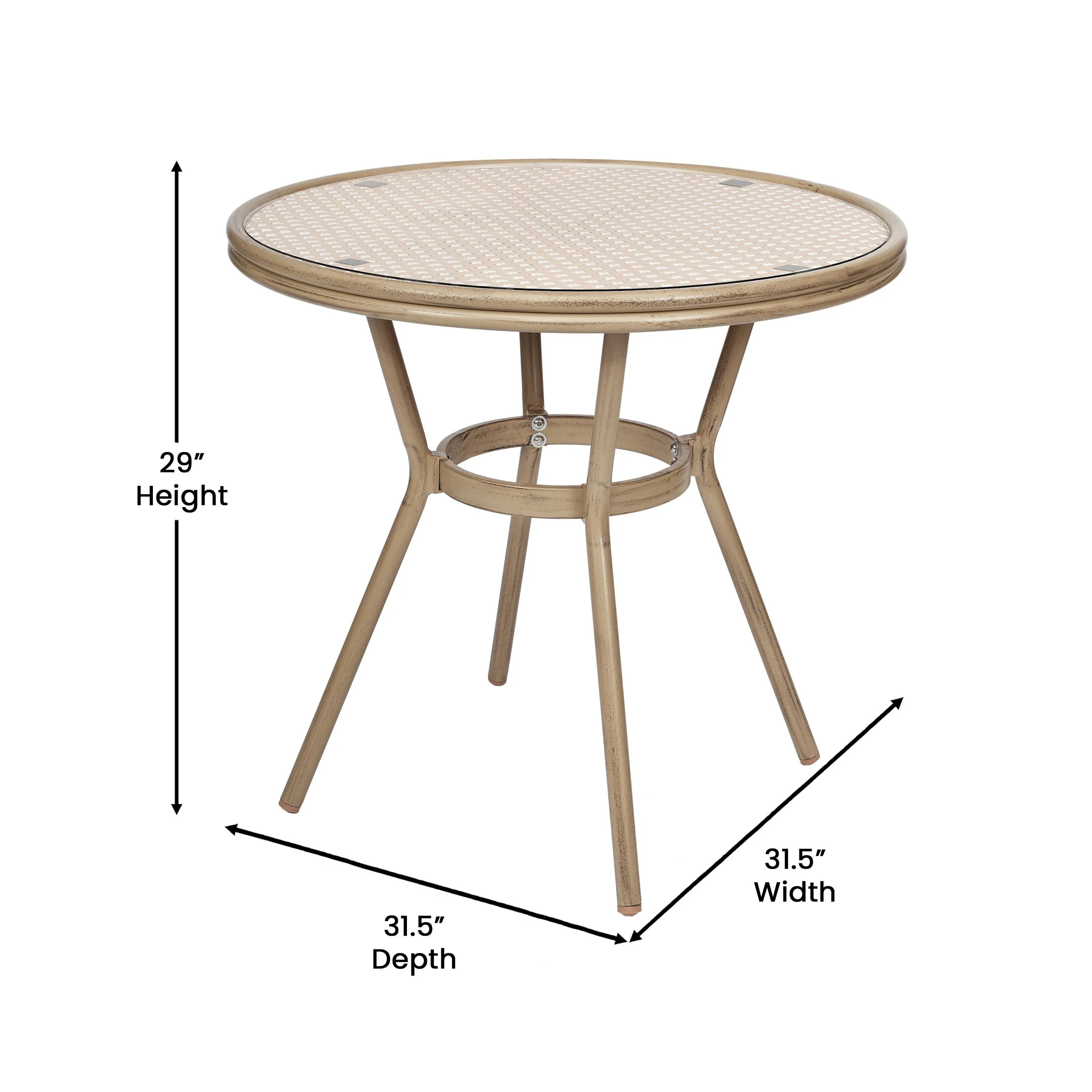 Lourdes Indoor/Outdoor Commercial Bistro 31.5" Table, PE Rattan, Glass Top with 4 Stack Chairs