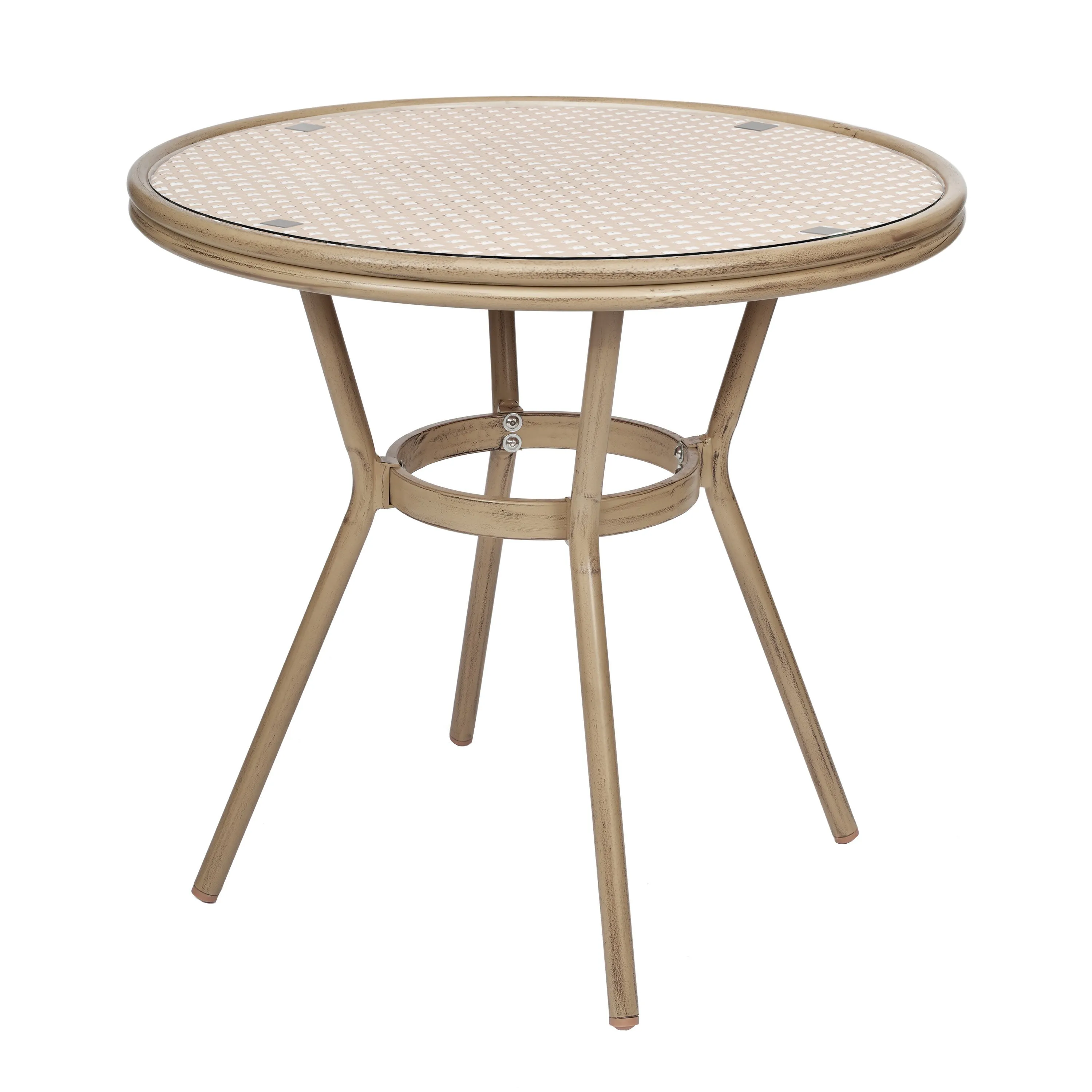 Lourdes Indoor/Outdoor Commercial Bistro 31.5" Table, PE Rattan, Glass Top with 4 Stack Chairs