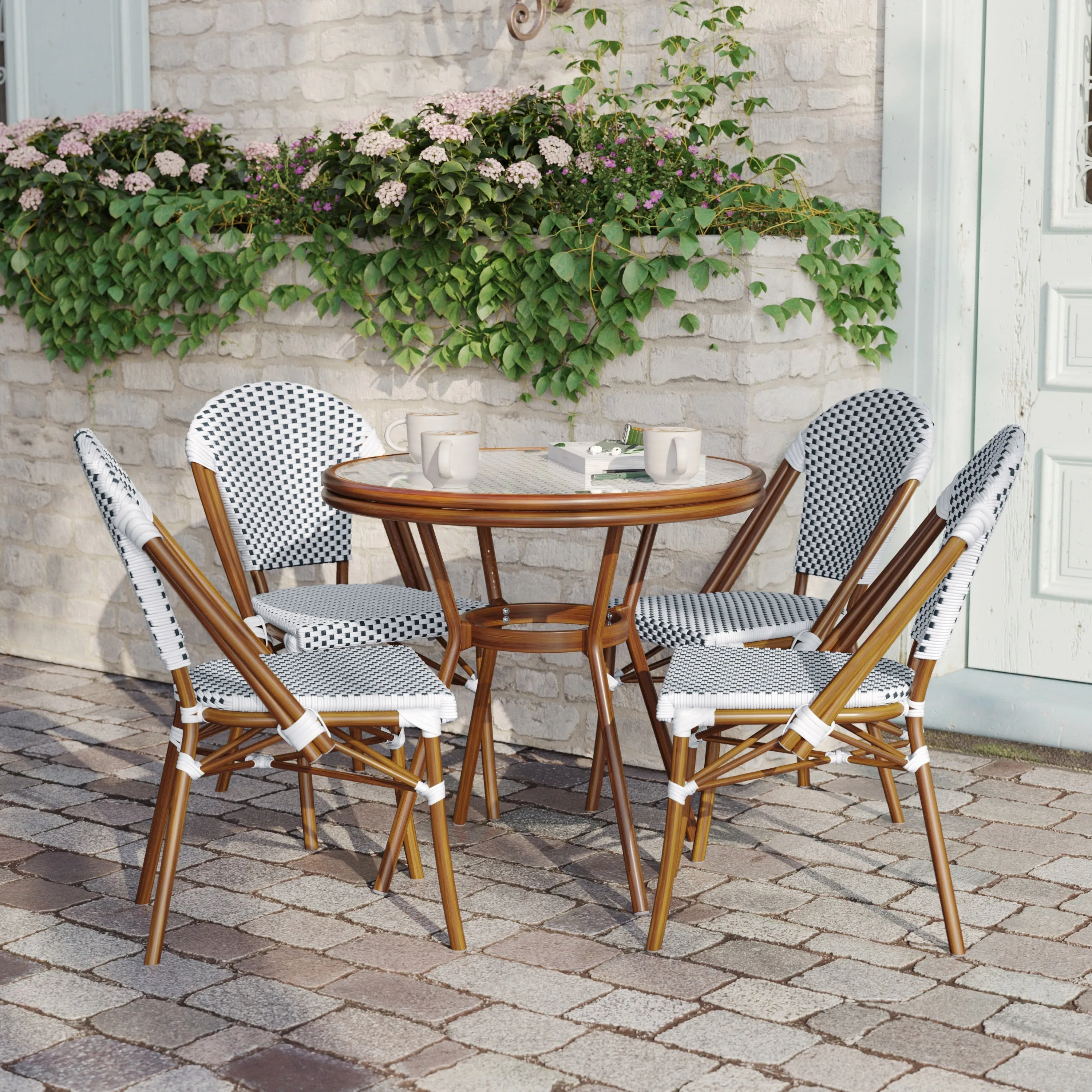 Lourdes Indoor/Outdoor Commercial Bistro 31.5" Table, PE Rattan, Glass Top with 4 Stack Chairs