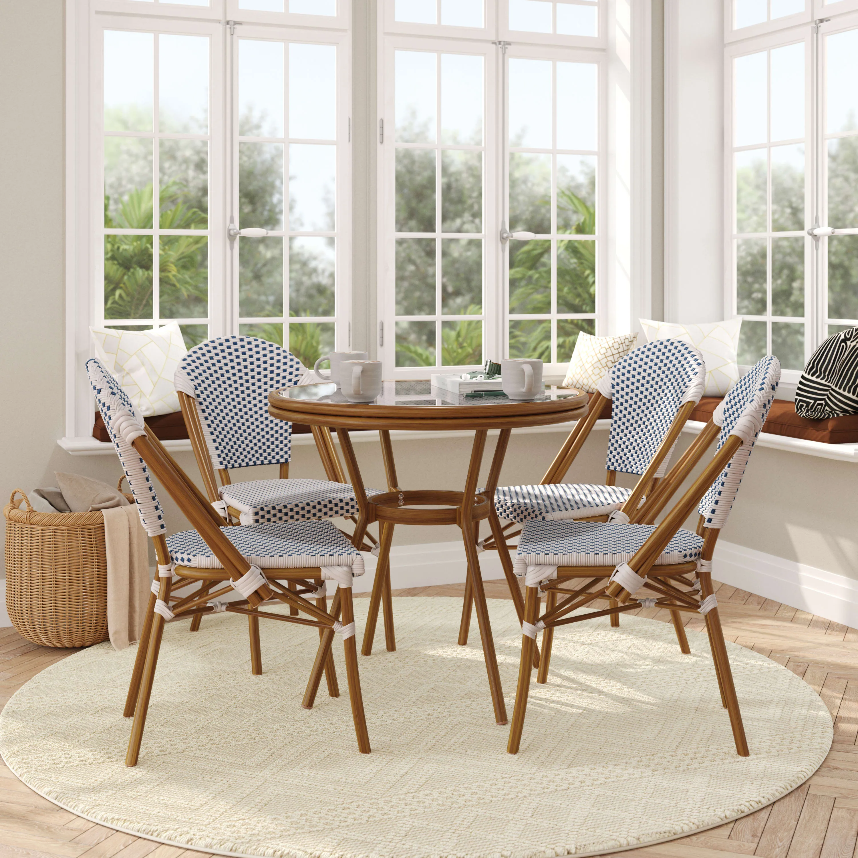 Lourdes Indoor/Outdoor Commercial Bistro 31.5" Table, PE Rattan, Glass Top with 4 Stack Chairs
