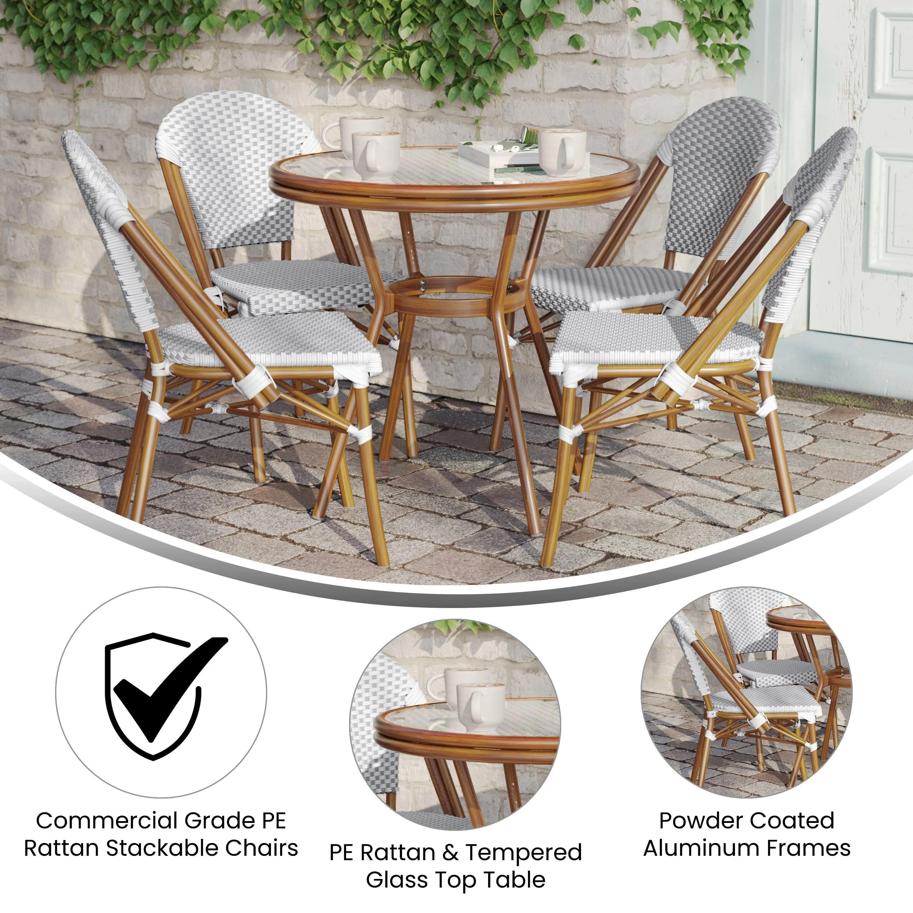 Lourdes Indoor/Outdoor Commercial Bistro 31.5" Table, PE Rattan, Glass Top with 4 Stack Chairs