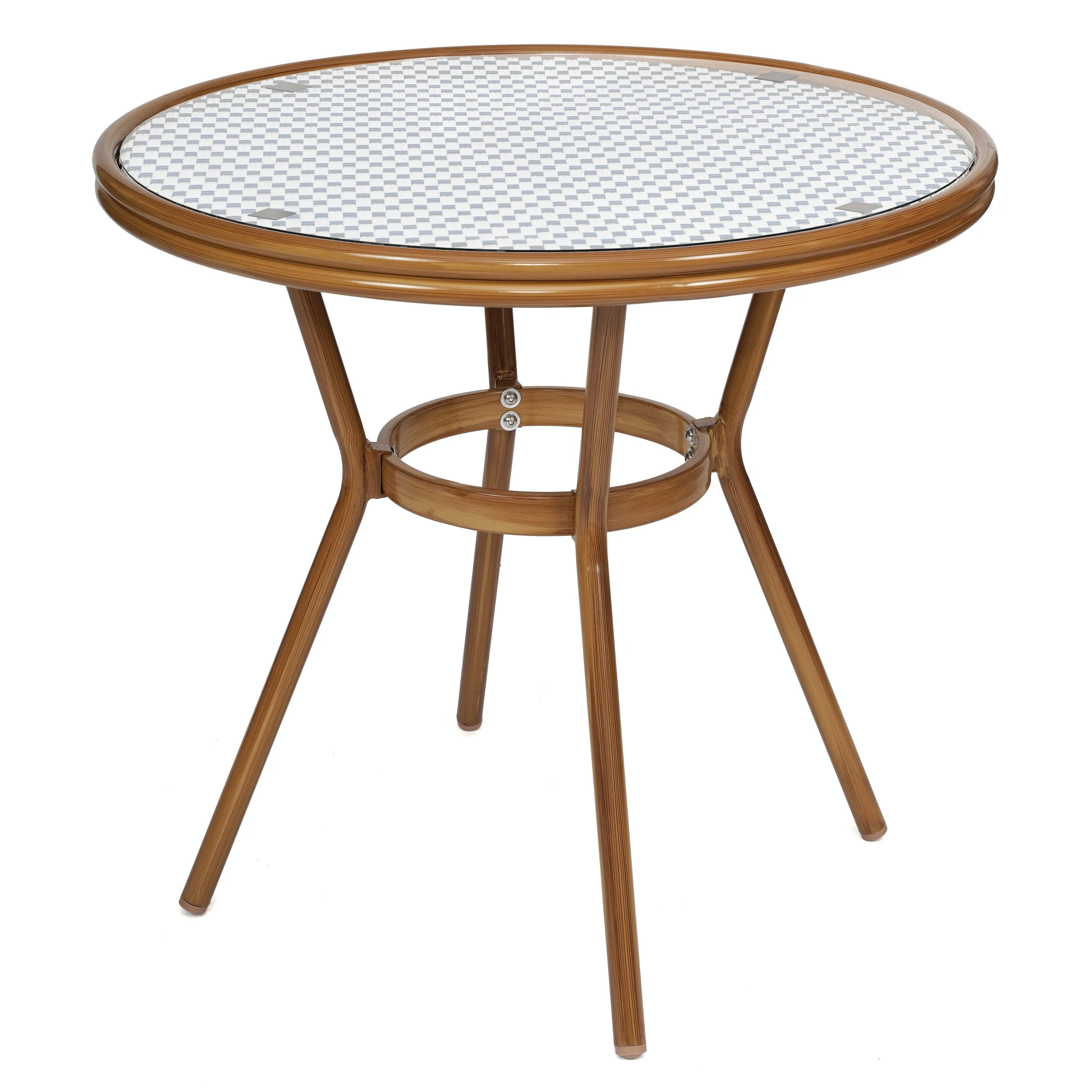 Lourdes Indoor/Outdoor Commercial Bistro 31.5" Table, PE Rattan, Glass Top with 4 Stack Chairs