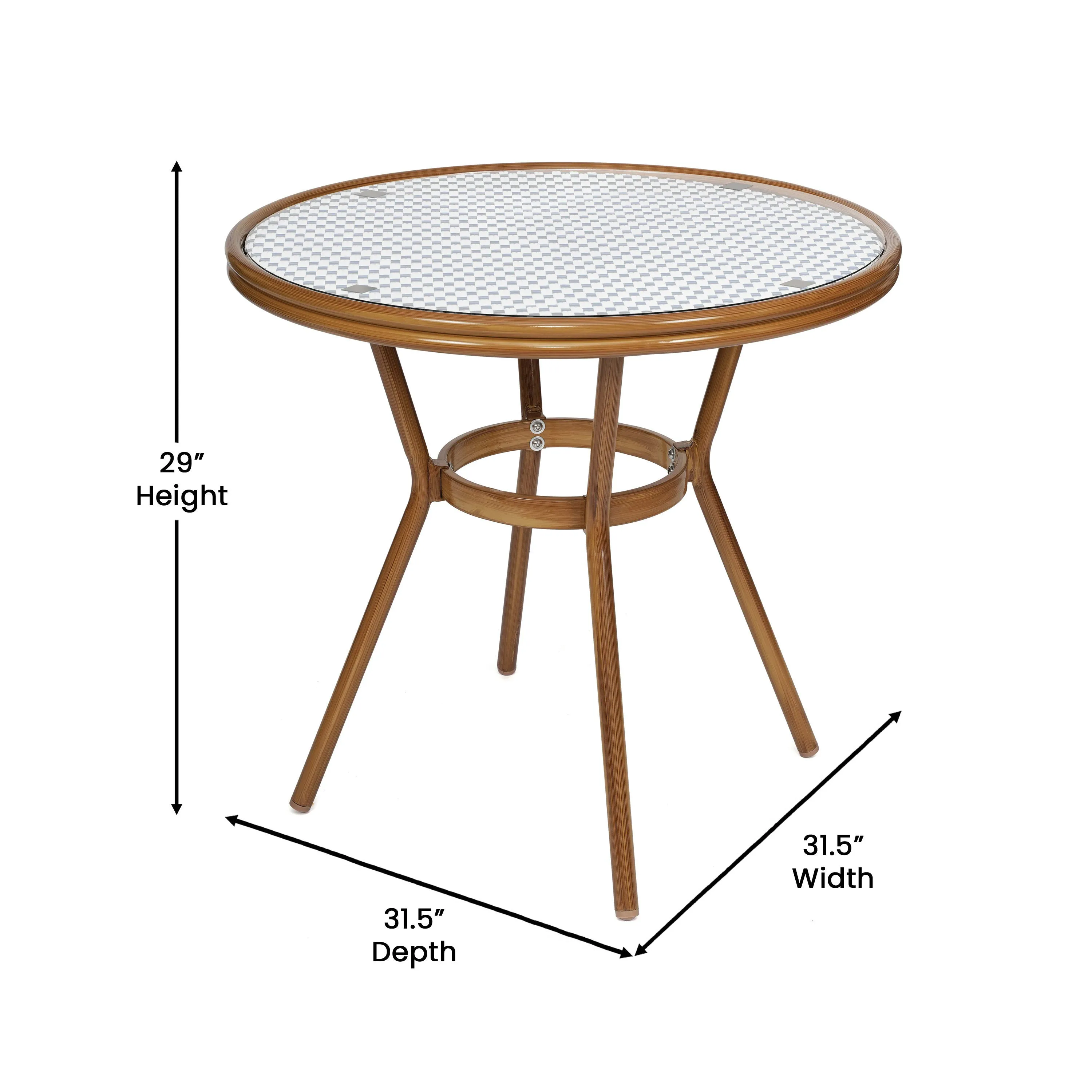 Lourdes Indoor/Outdoor Commercial Bistro 31.5" Table, PE Rattan, Glass Top with 4 Stack Chairs