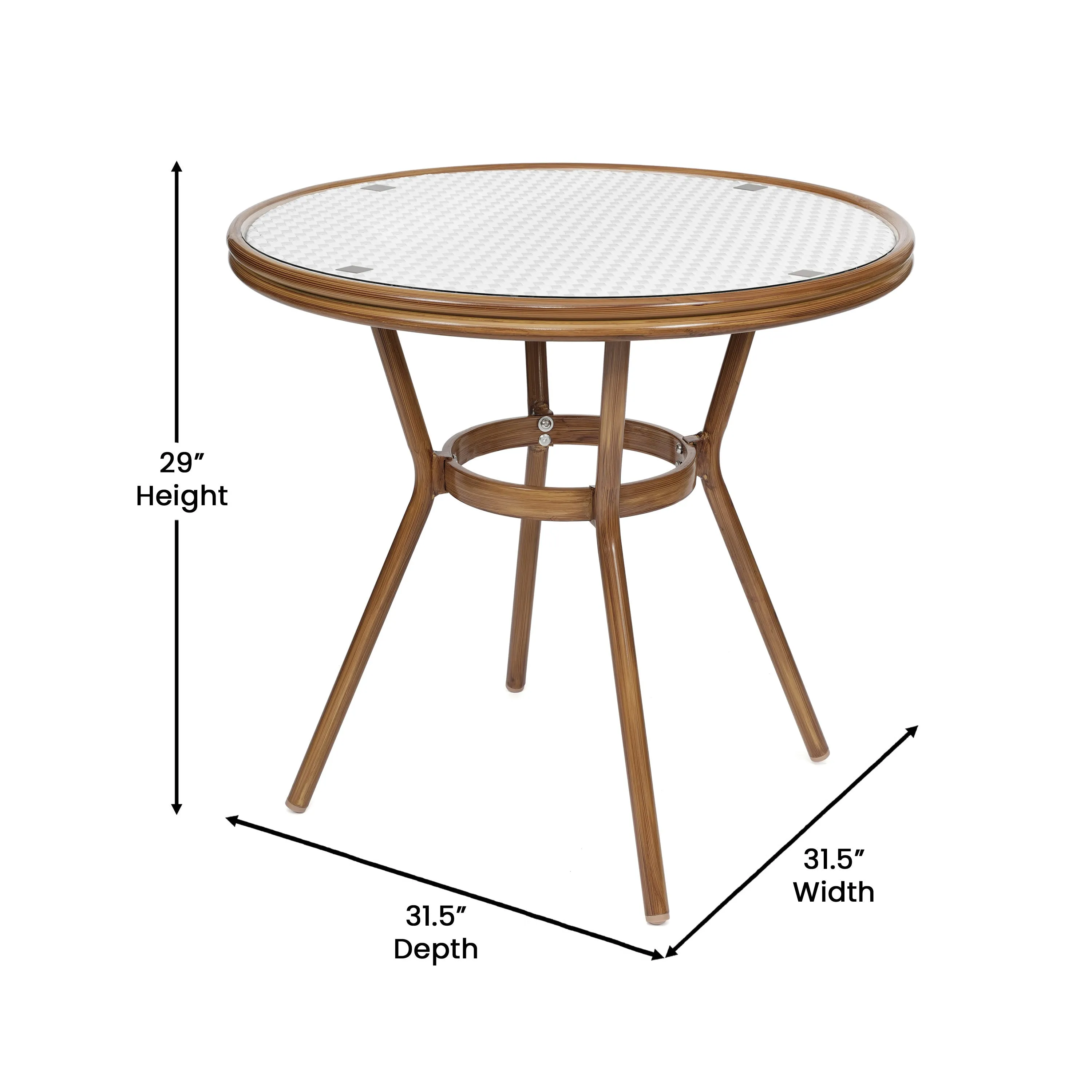 Lourdes Indoor/Outdoor Commercial Bistro 31.5" Table, PE Rattan, Glass Top with 4 Stack Chairs