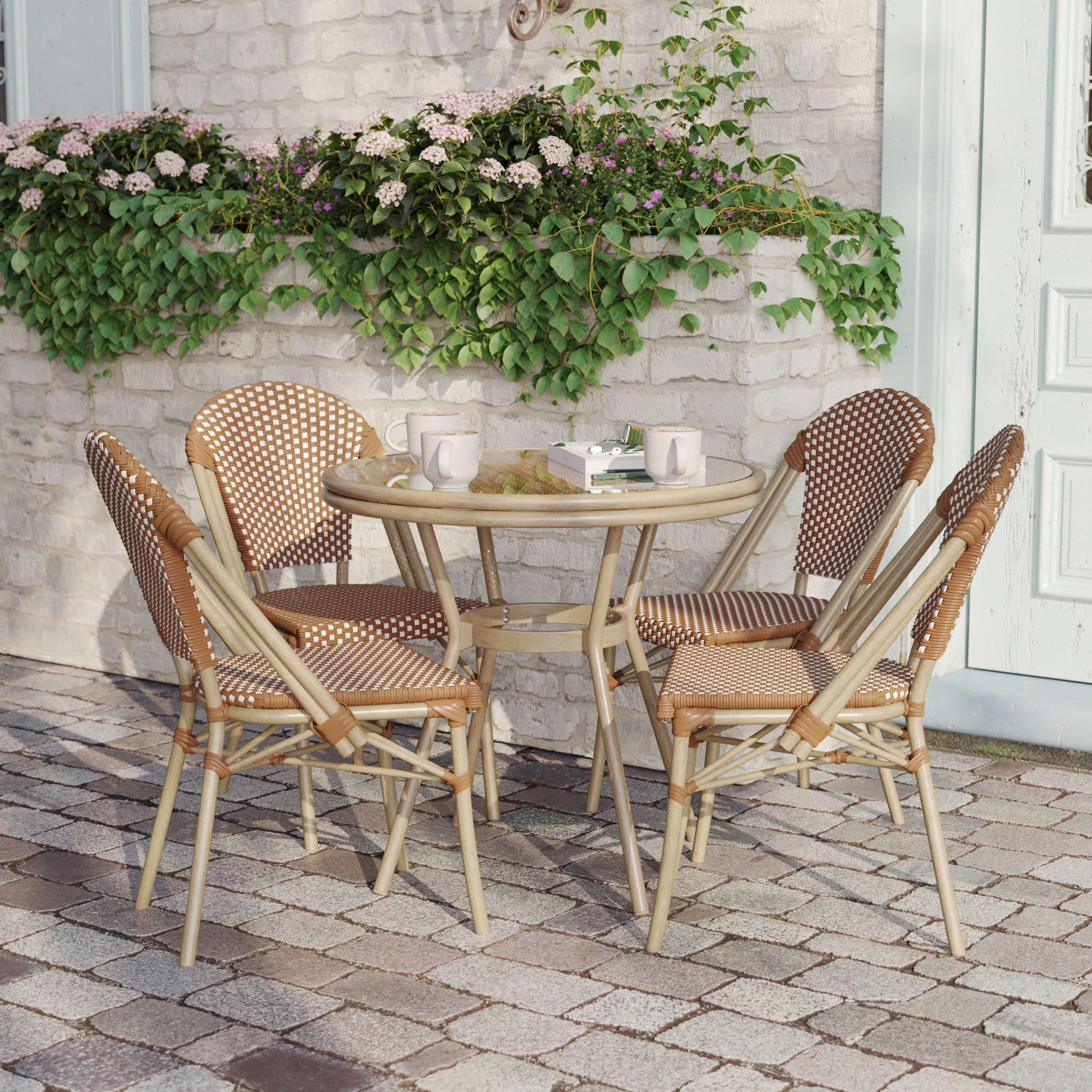 Lourdes Indoor/Outdoor Commercial Bistro 31.5" Table, PE Rattan, Glass Top with 4 Stack Chairs