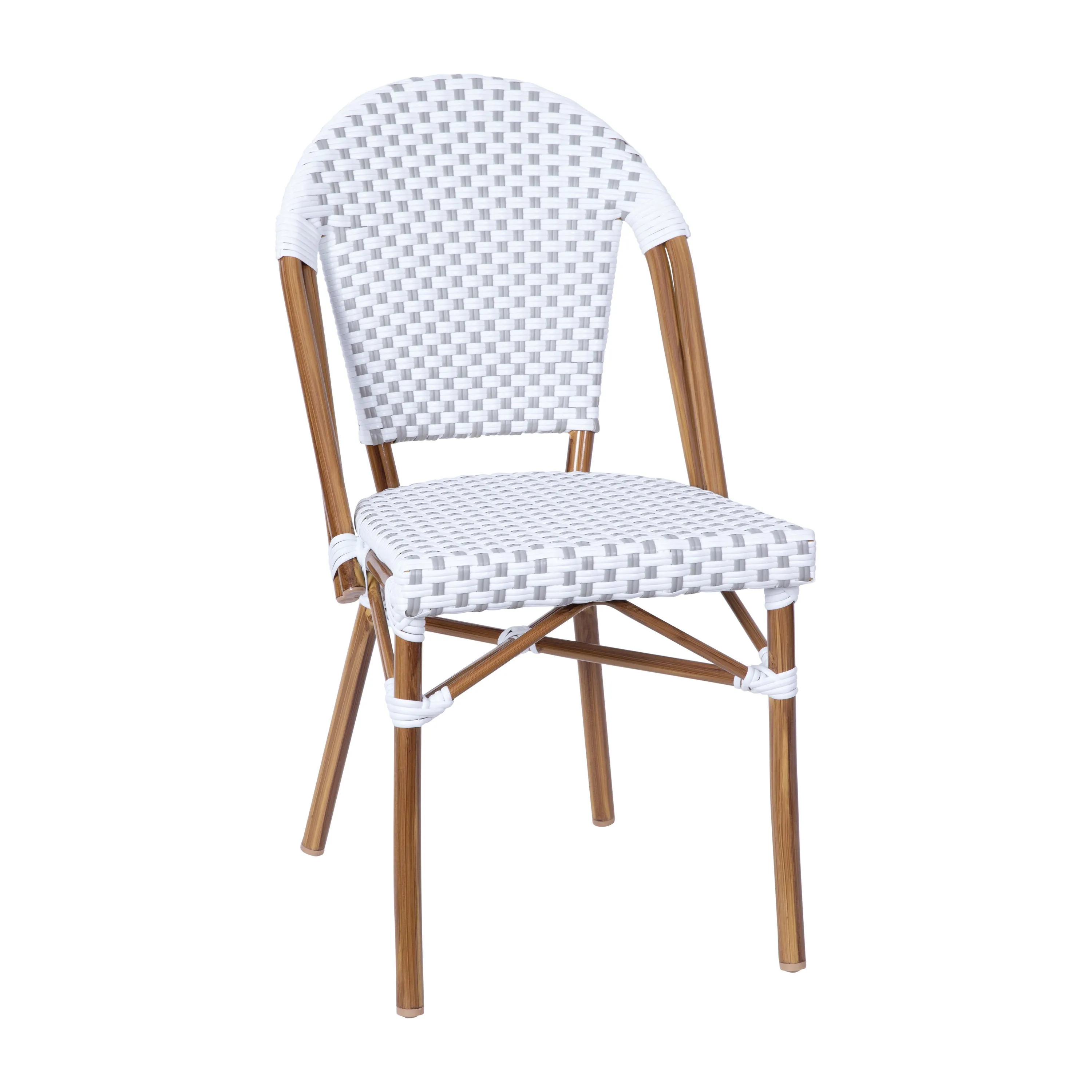 Lourdes Indoor/Outdoor Commercial Bistro 31.5" Table, PE Rattan, Glass Top with 4 Stack Chairs