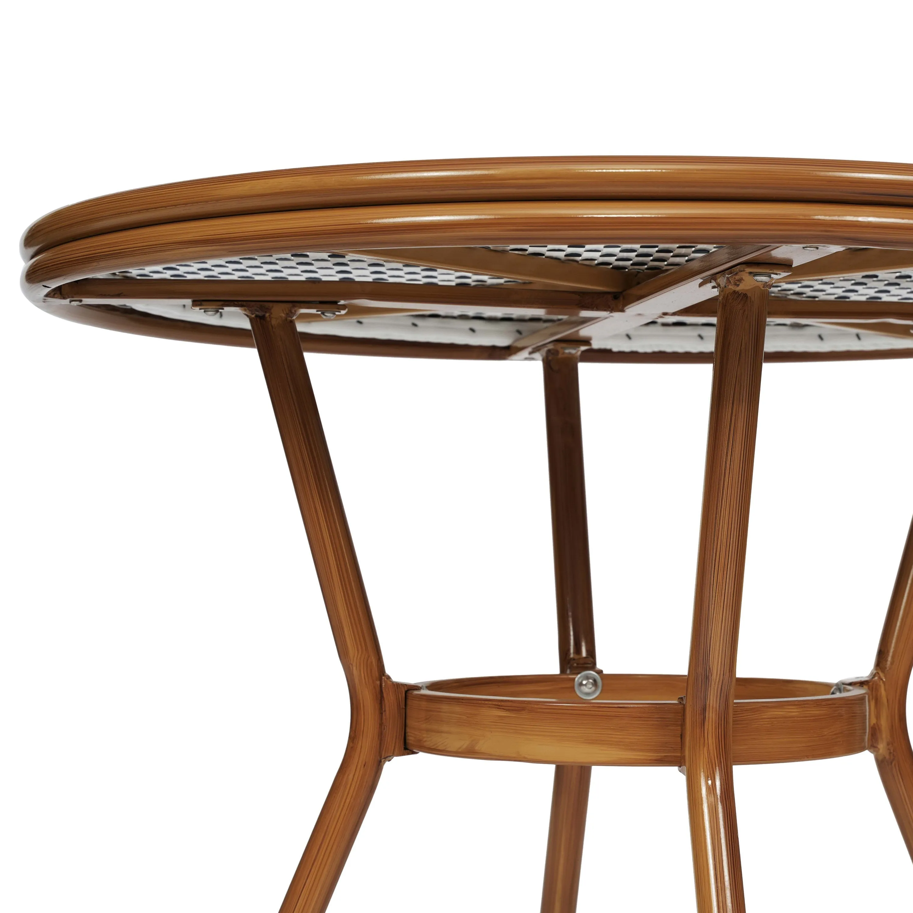 Lourdes Indoor/Outdoor Commercial Bistro 31.5" Table, PE Rattan, Glass Top with 4 Stack Chairs
