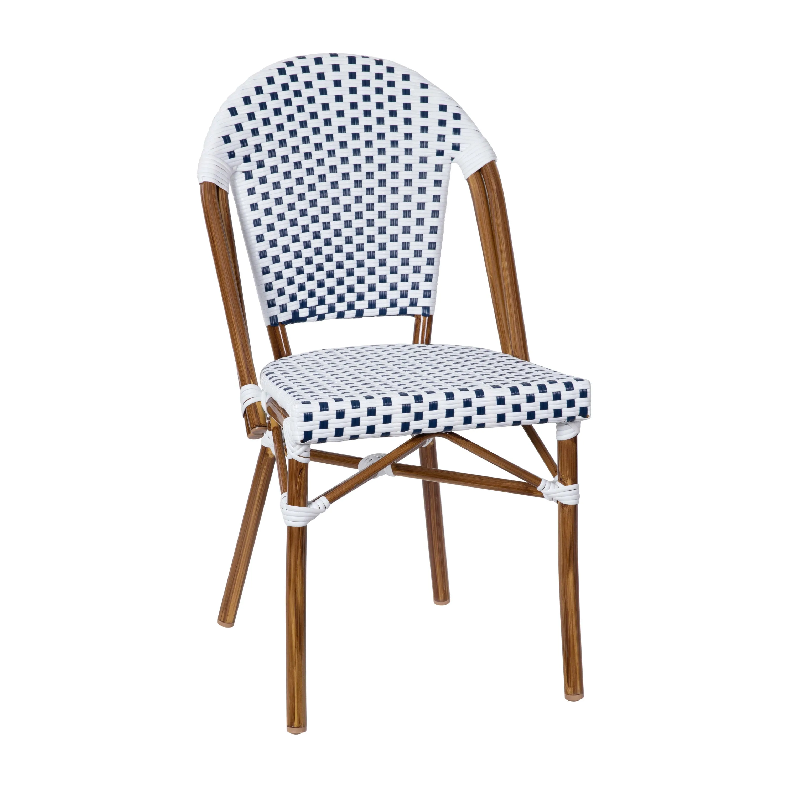 Lourdes Indoor/Outdoor Commercial Bistro 31.5" Table, PE Rattan, Glass Top with 4 Stack Chairs
